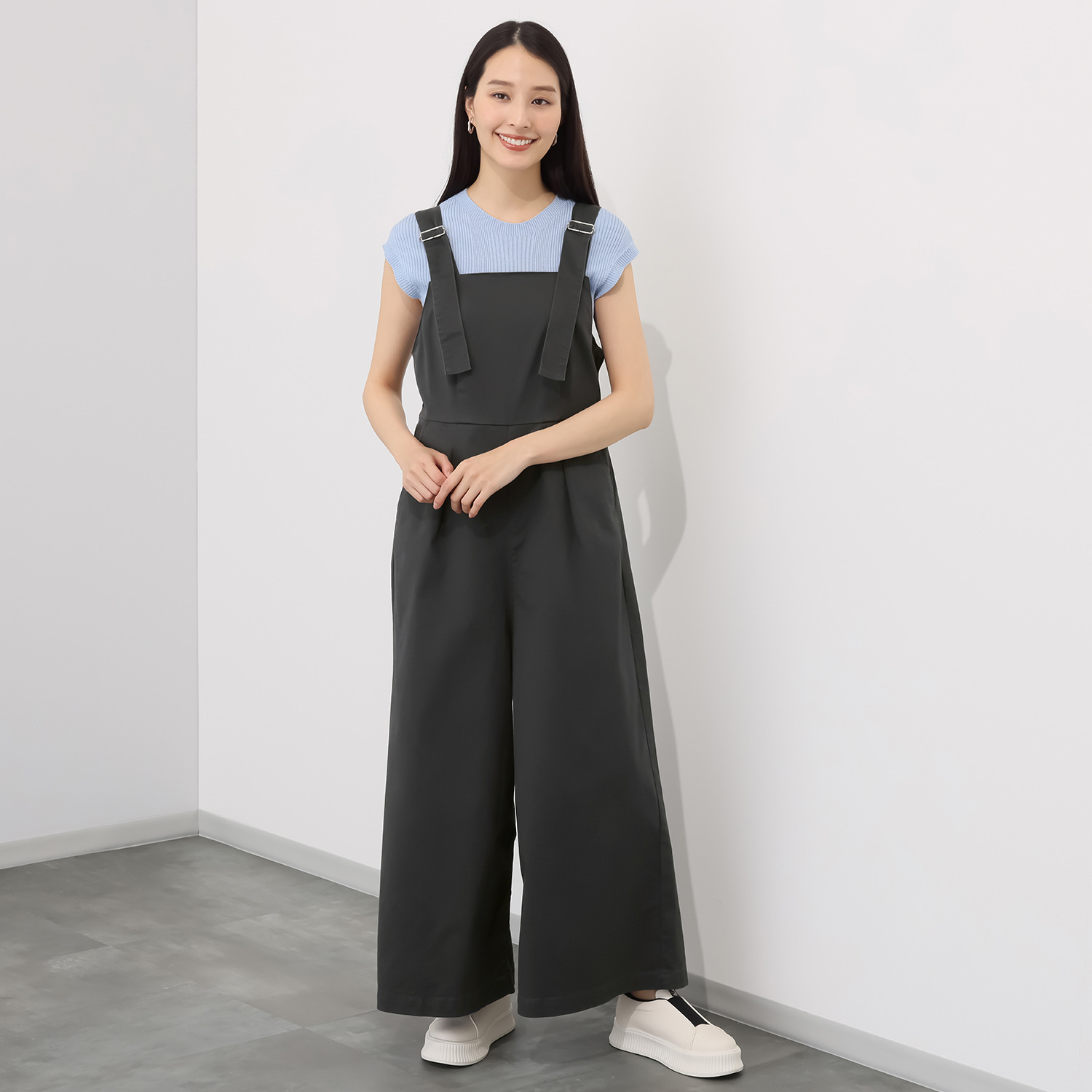 ホープナチュラル ピマコットン混 チノストレッチ 美脚 サロペットパンツ