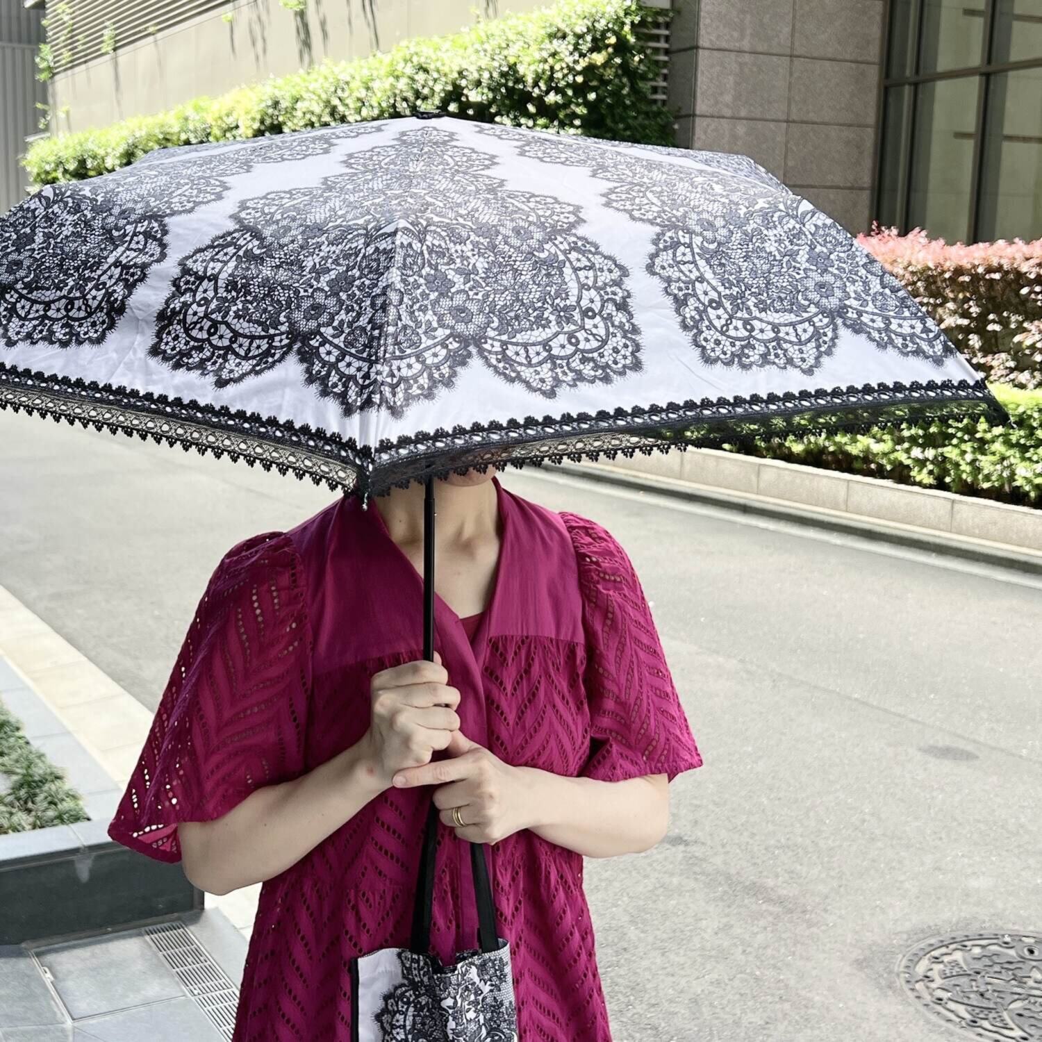 ジュエルレース バイ　ブルーミング 収納バッグ付 簡単開閉 晴雨兼用折りたたみ日傘