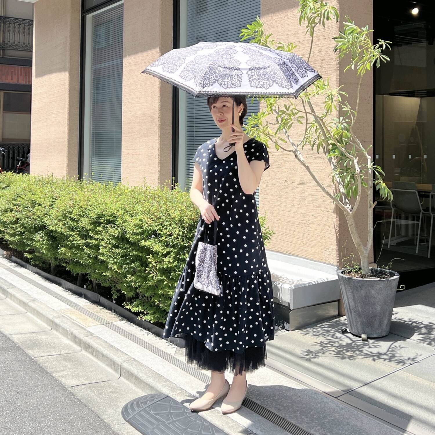 ジュエルレース バイ　ブルーミング 収納バッグ付 簡単開閉 晴雨兼用折りたたみ日傘