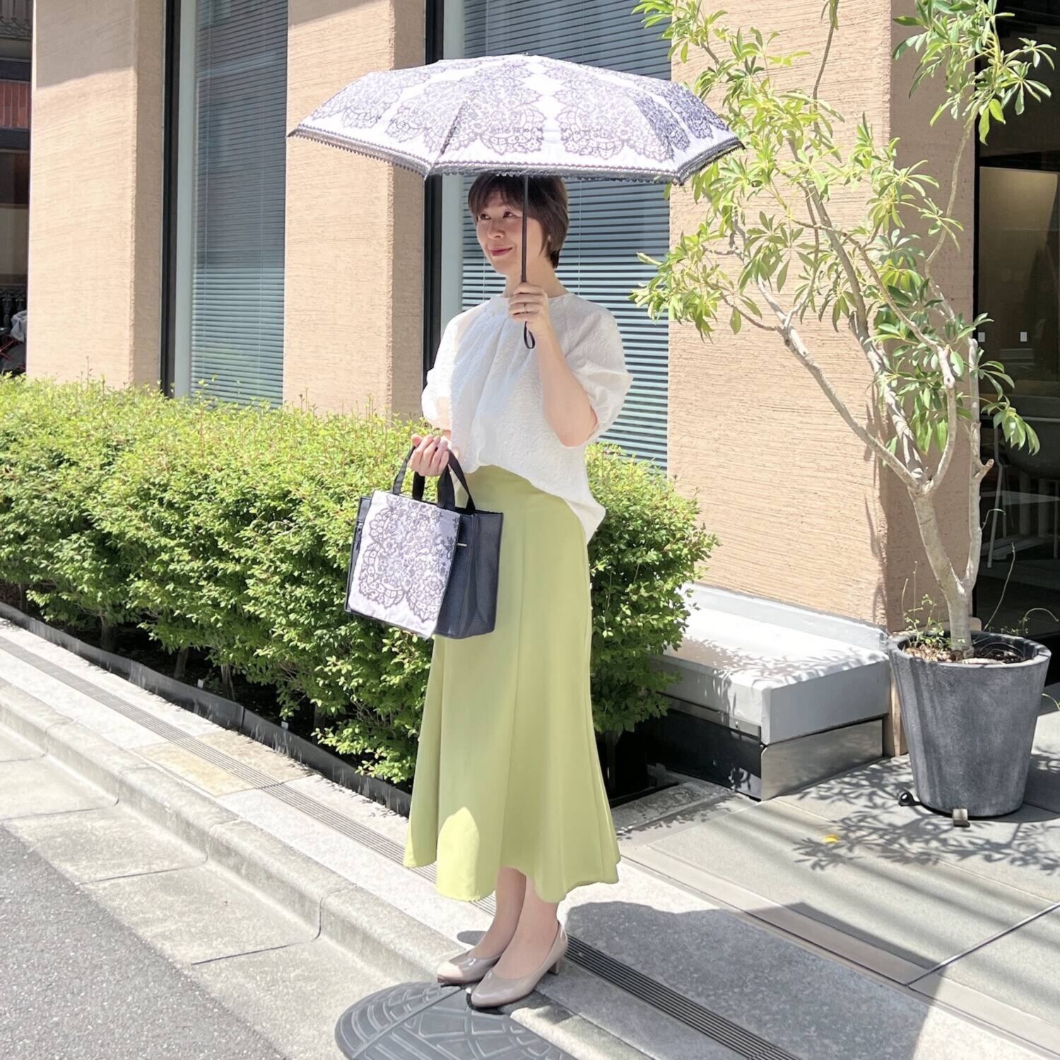 ジュエルレース バイ　ブルーミング 収納バッグ付 簡単開閉 晴雨兼用折りたたみ日傘