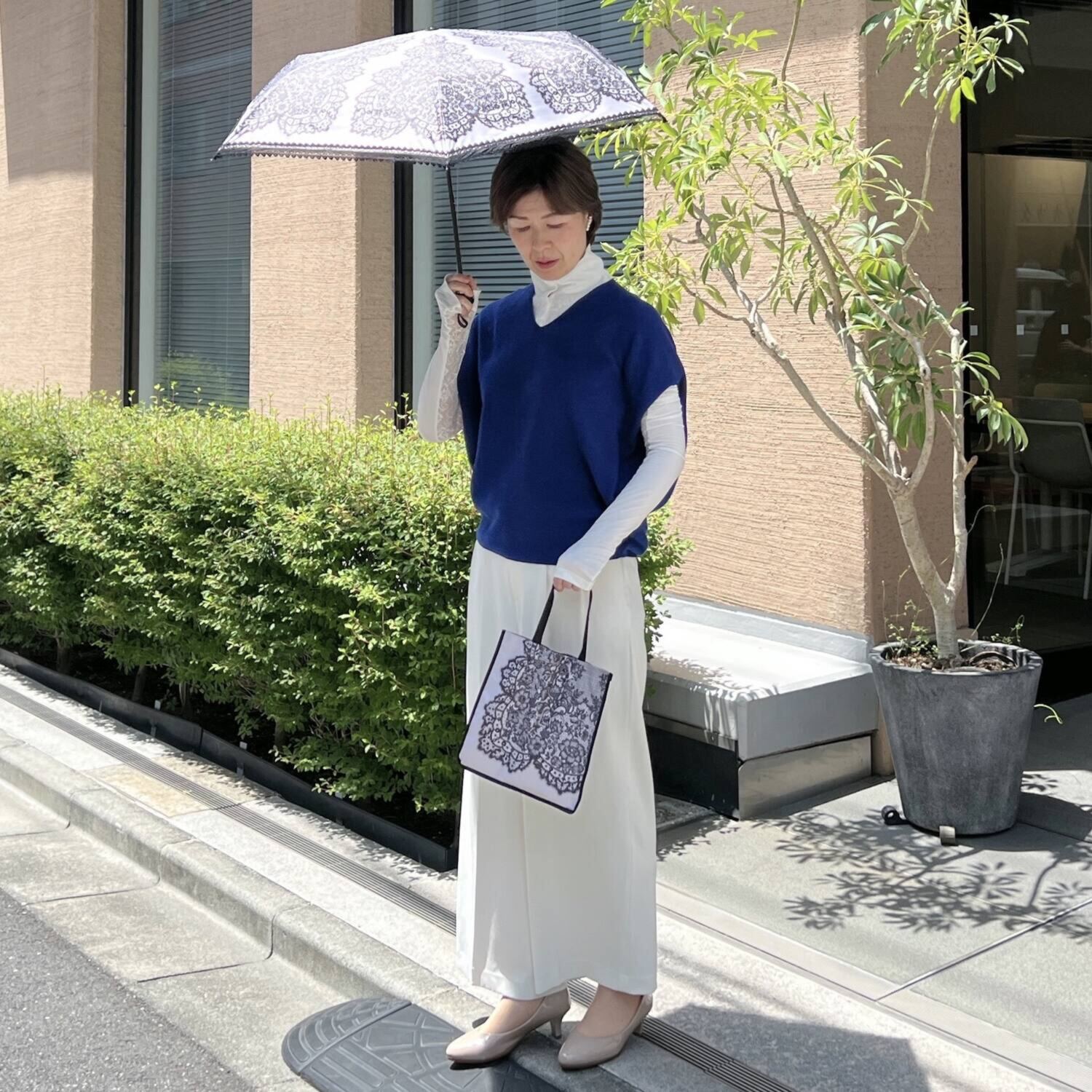 ジュエルレース バイ　ブルーミング 収納バッグ付 簡単開閉 晴雨兼用折りたたみ日傘