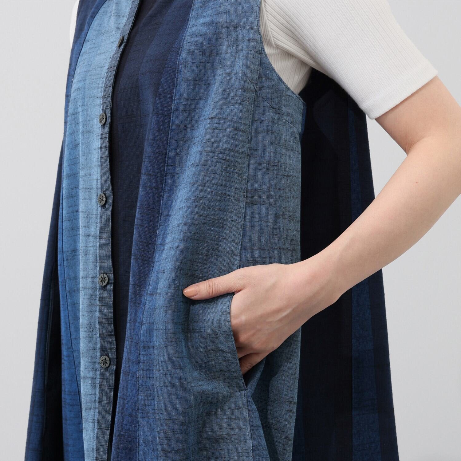 オカモト商店 ギエモン 久留米かすり 前開きロングベスト