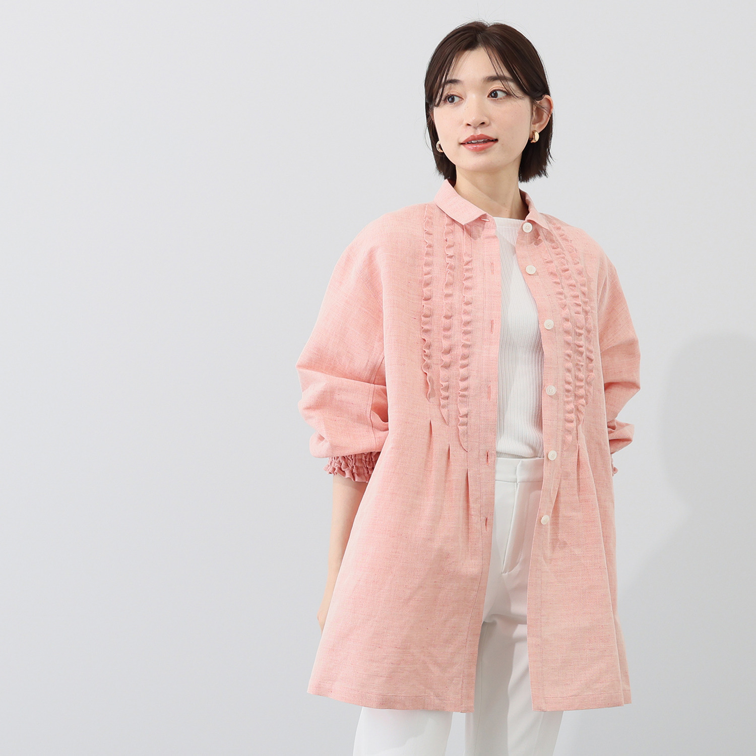 オカモト商店 ギエモン 久留米かすり 前開きロングブラウス