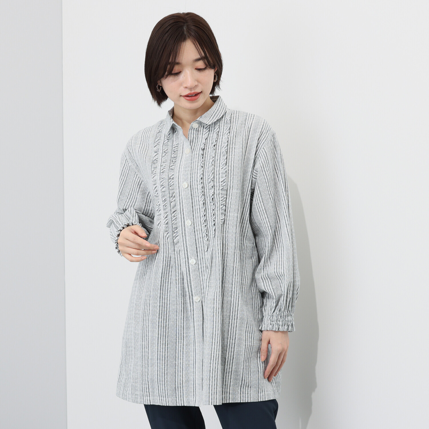 オカモト商店 ギエモン 久留米かすり 前開きロングブラウス