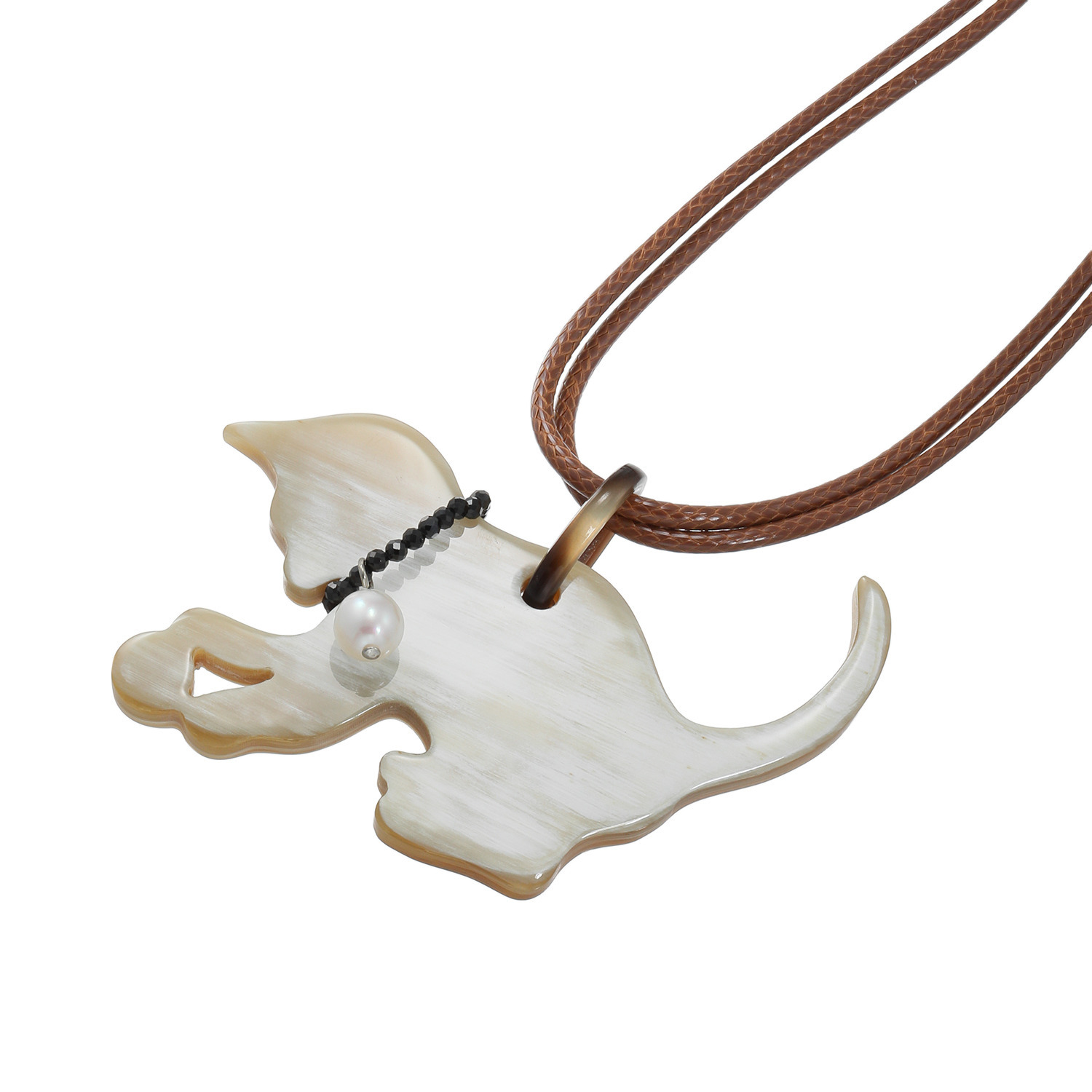 グランシフォレ 水牛＆淡水パール＆ ブラックスピネル 猫モティーフ ロングコードペンダント