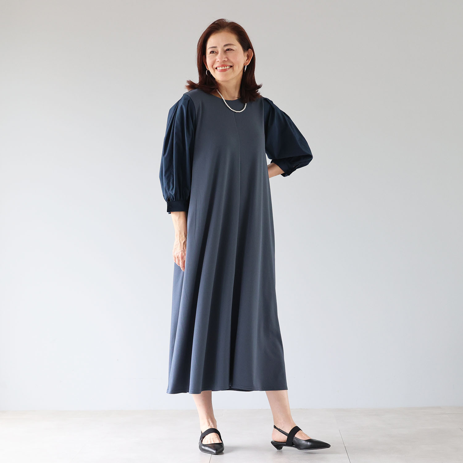 リサリサ ジョーゼット風 袖コンシャス デザインワンピース