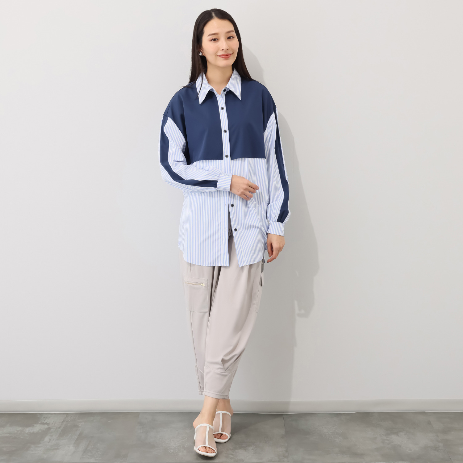 ラブソル モードライクな バイカラー ロングシャツ