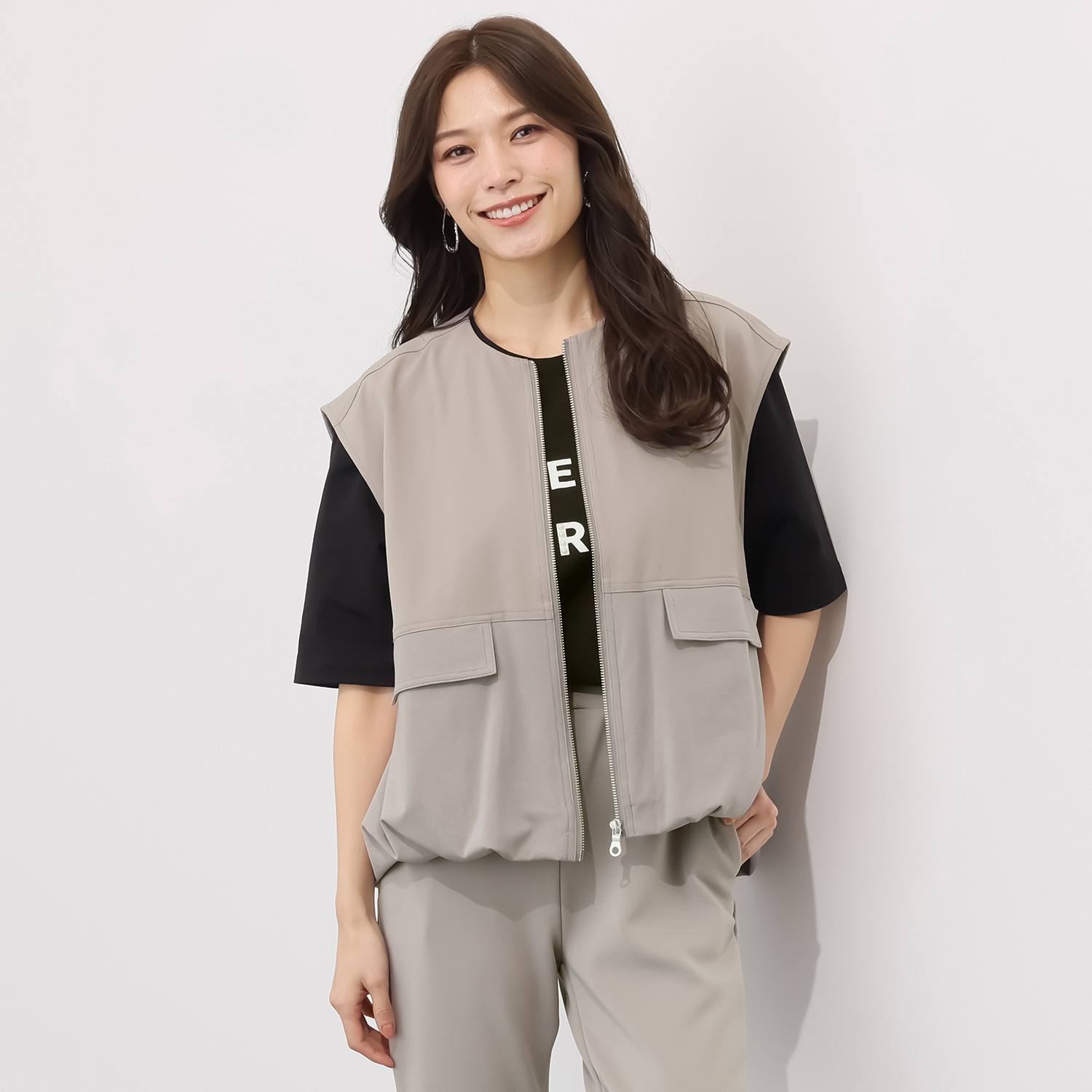 イシカワラボ★ヒトミ ストレッチジョーゼット 異素材切替 バルーンシルエット ジレ