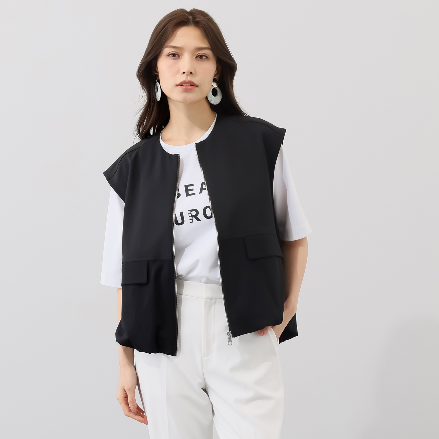 イシカワラボ★ヒトミ ストレッチジョーゼット 異素材切替 バルーンシルエット ジレ