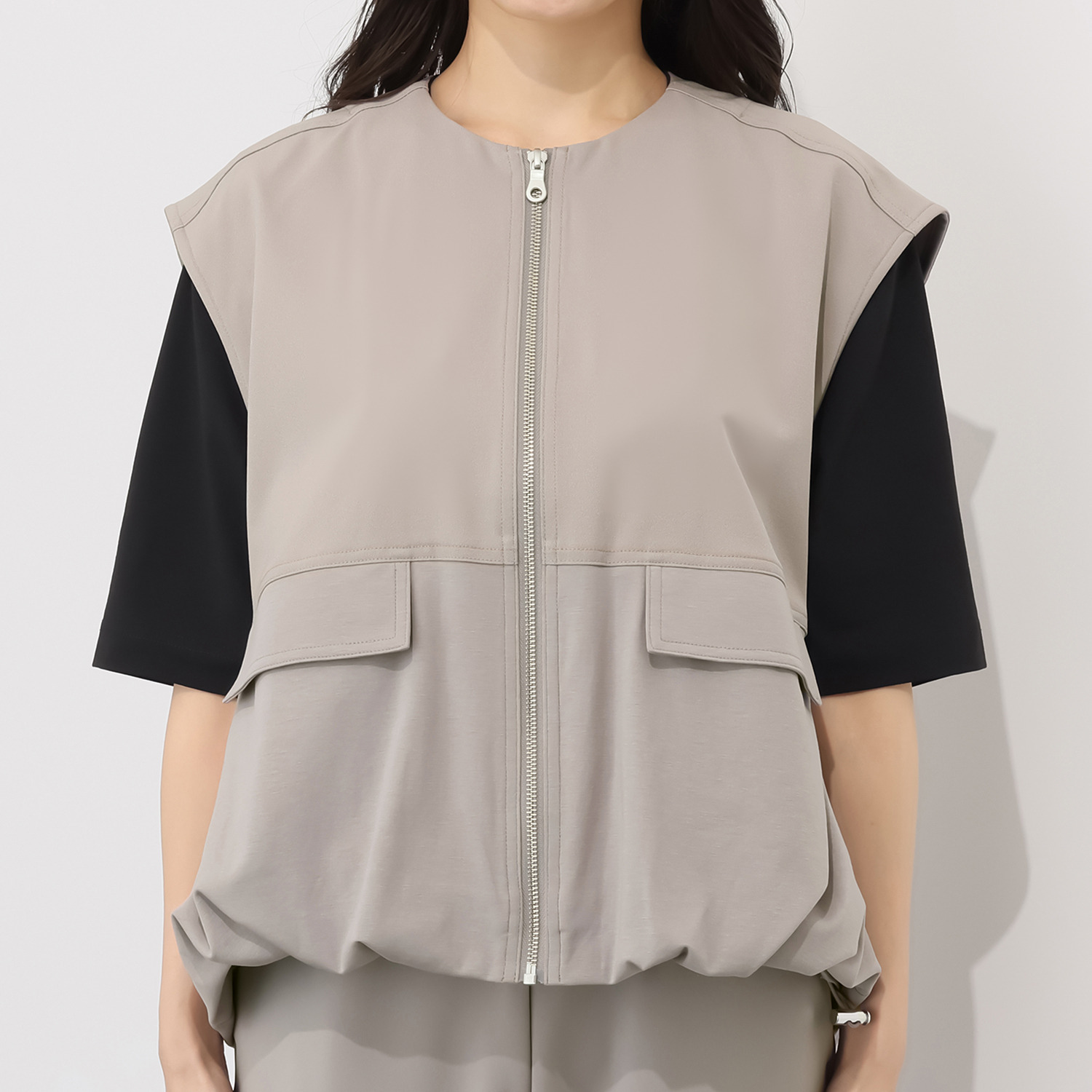 イシカワラボ★ヒトミ ストレッチジョーゼット 異素材切替 バルーンシルエット ジレ