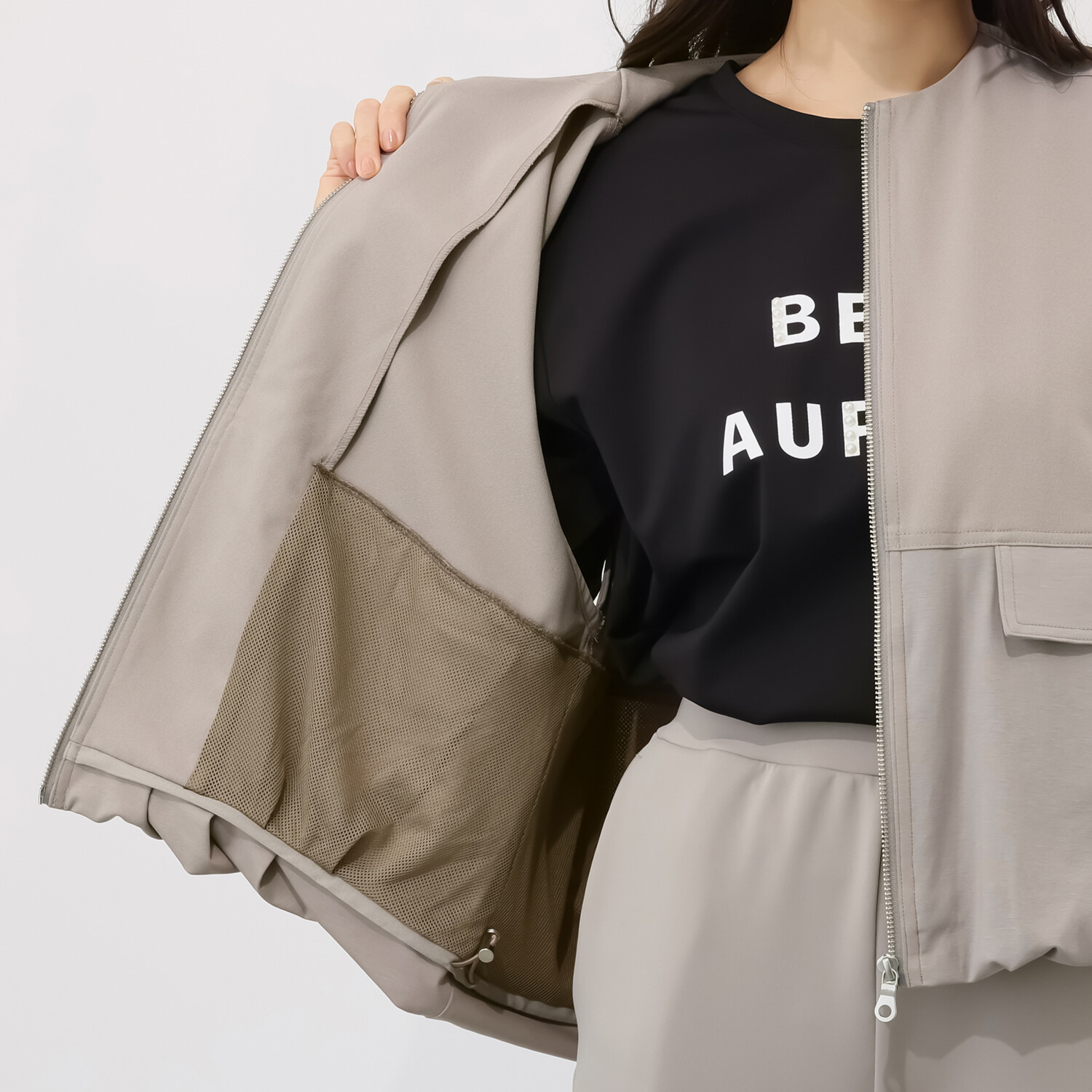 イシカワラボ★ヒトミ ストレッチジョーゼット 異素材切替 バルーンシルエット ジレ