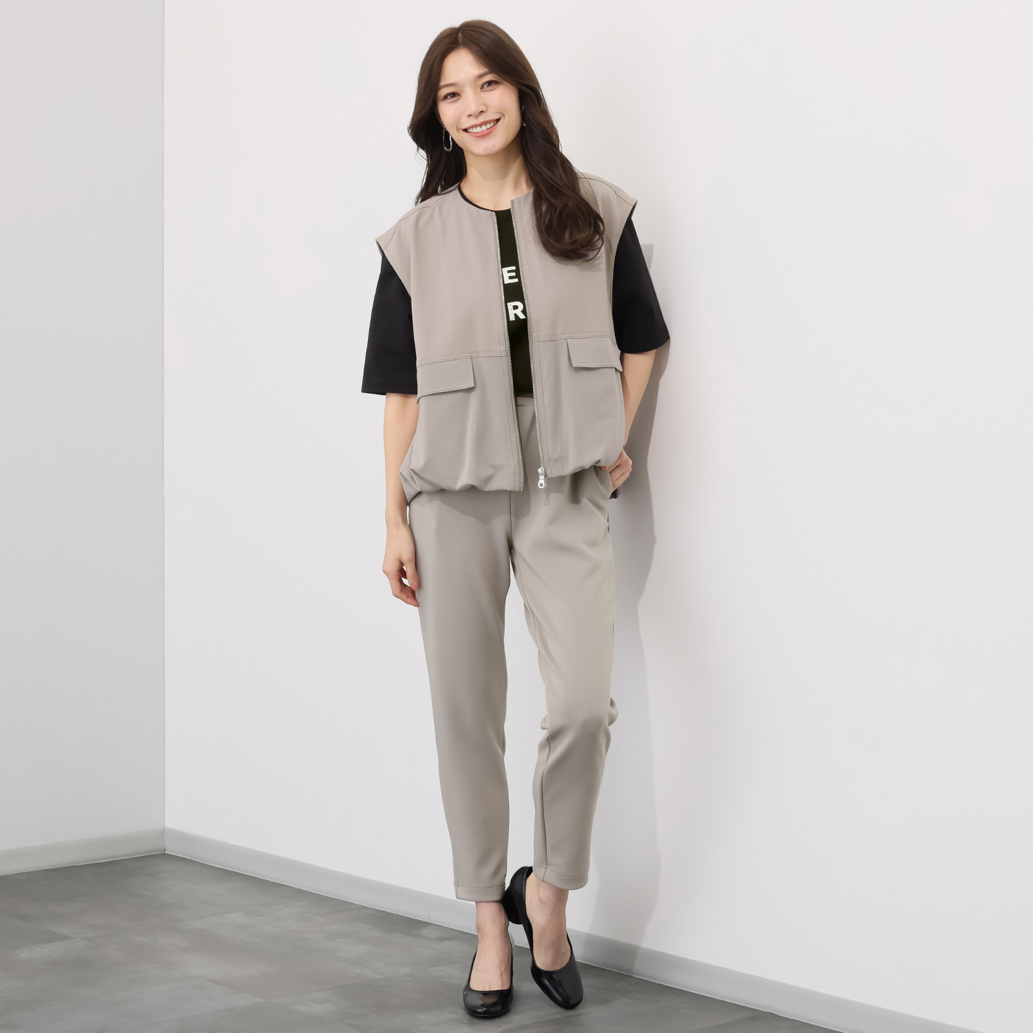 イシカワラボ★ヒトミ ストレッチジョーゼット 異素材切替 バルーンシルエット ジレ