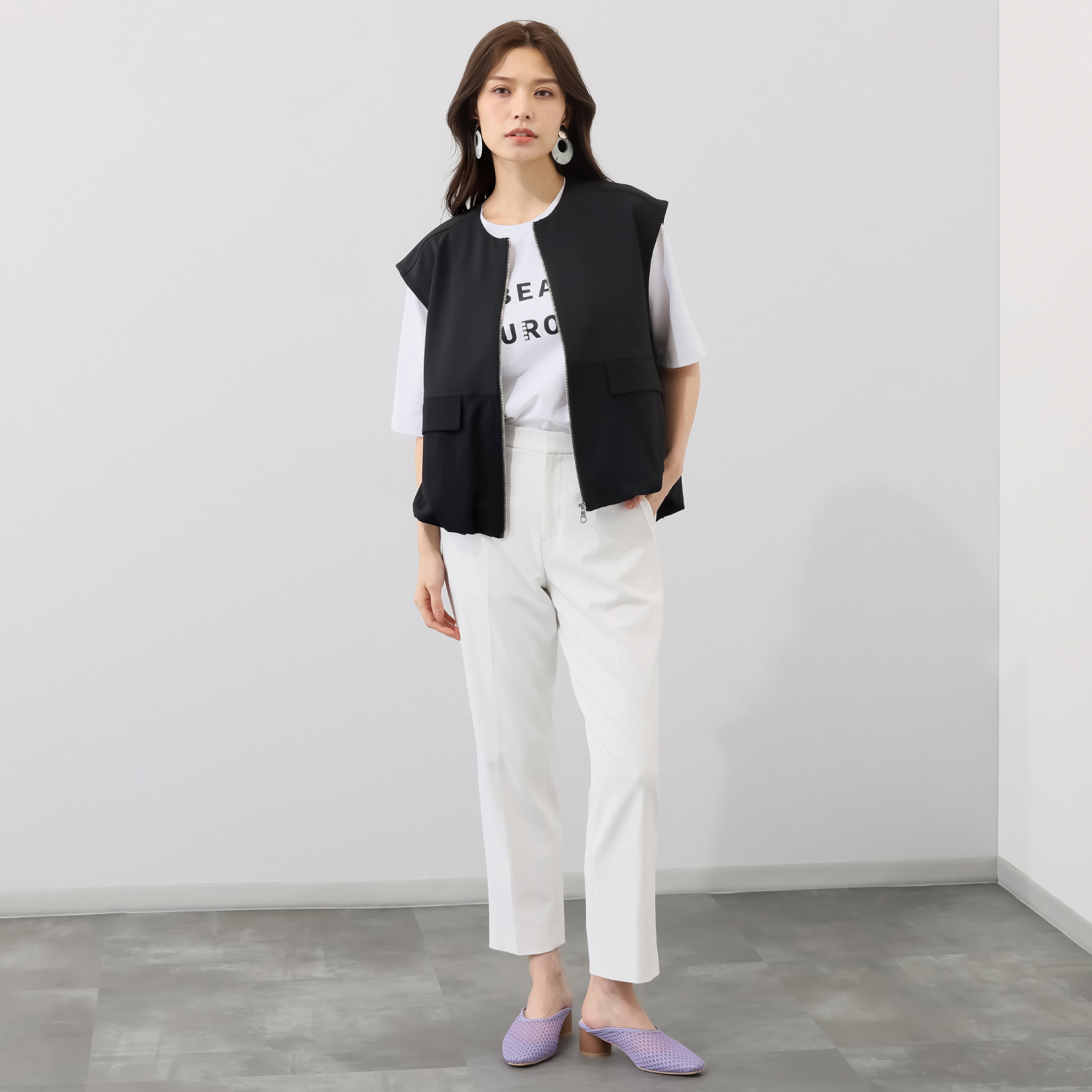 イシカワラボ★ヒトミ ストレッチジョーゼット 異素材切替 バルーンシルエット ジレ