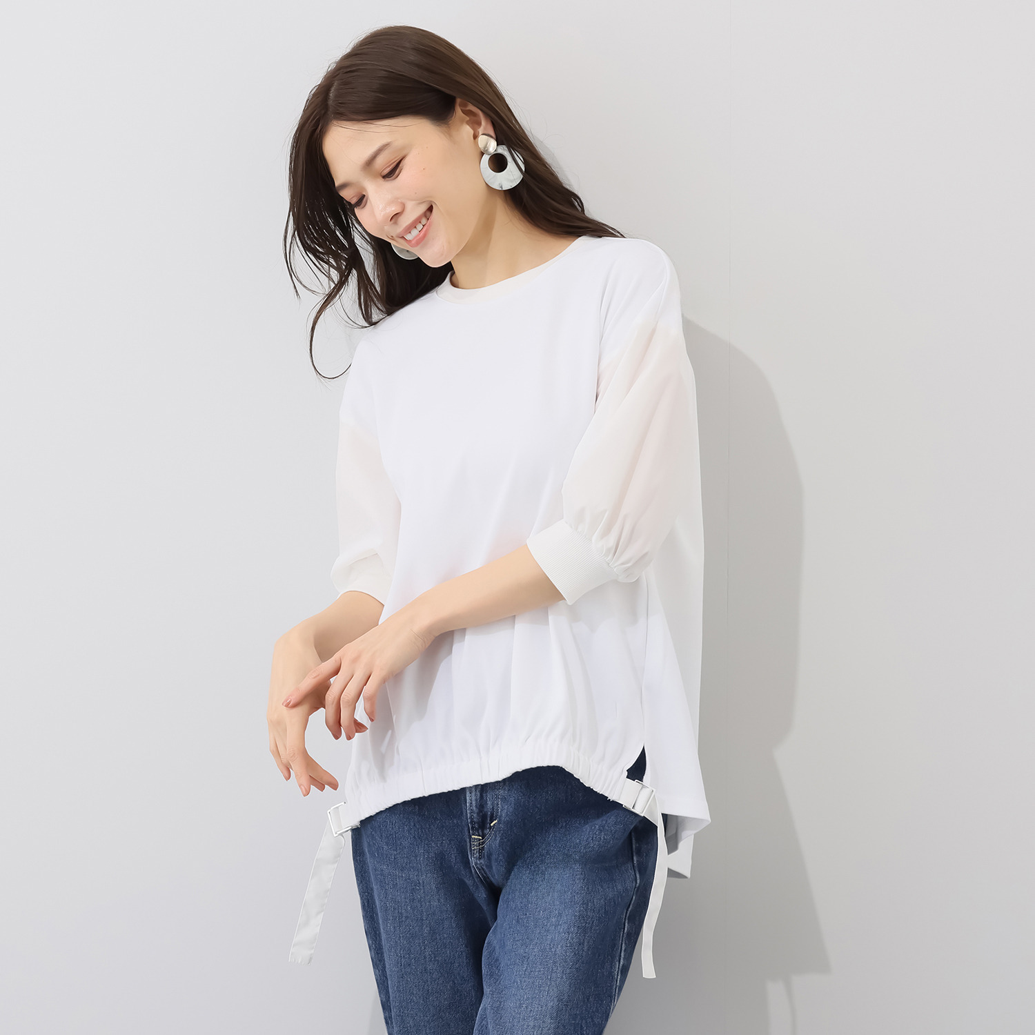 イシカワラボ★ヒトミ コットンスムース 異素材切替 裾ギャザーデザイン プルオーバー