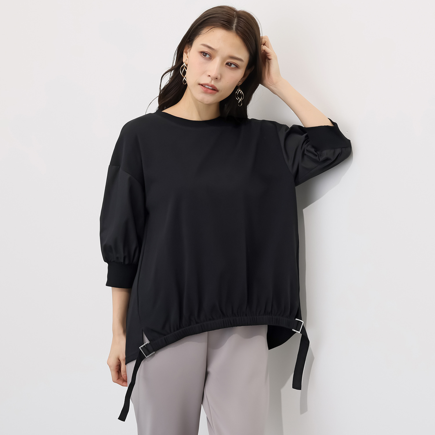 イシカワラボ★ヒトミ コットンスムース 異素材切替 裾ギャザーデザイン プルオーバー