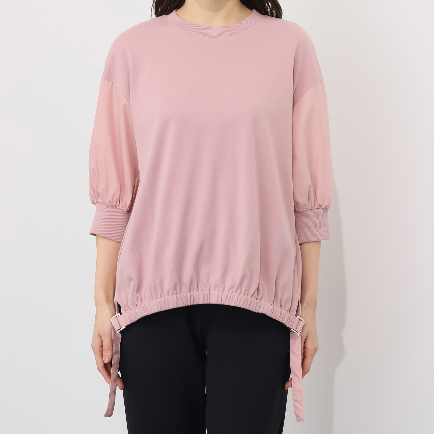 イシカワラボ★ヒトミ コットンスムース 異素材切替 裾ギャザーデザイン プルオーバー