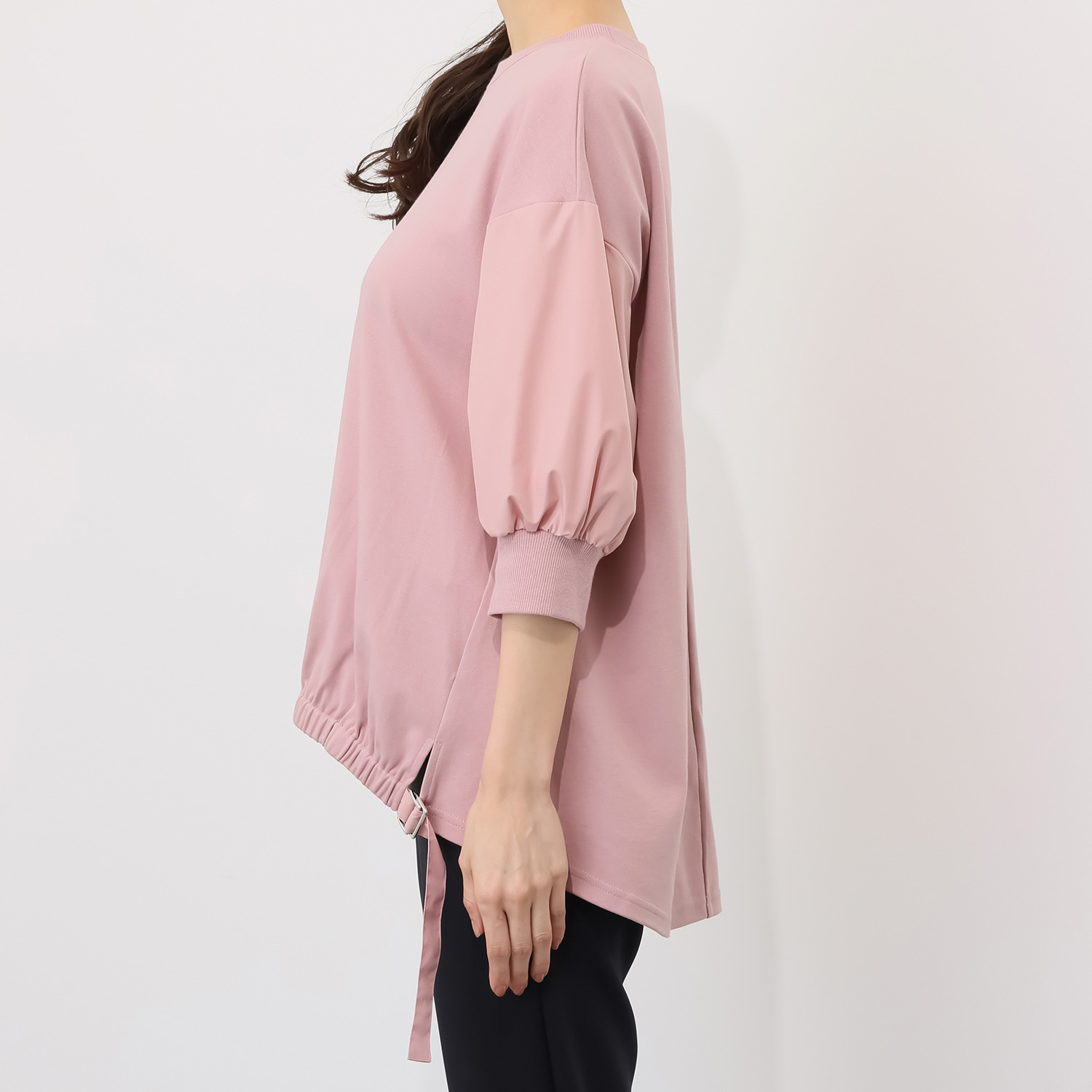 イシカワラボ★ヒトミ コットンスムース 異素材切替 裾ギャザーデザイン プルオーバー