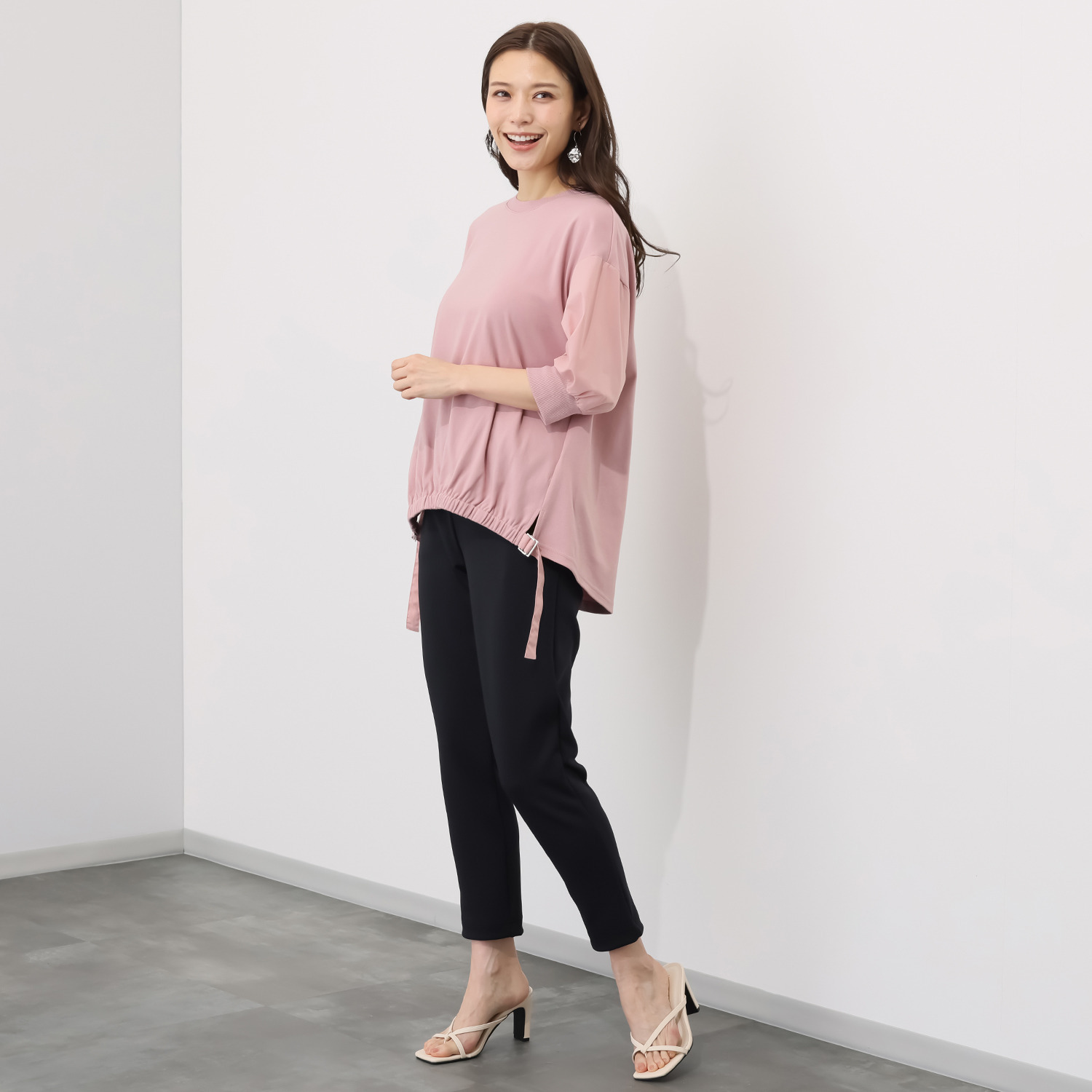 イシカワラボ★ヒトミ コットンスムース 異素材切替 裾ギャザーデザイン プルオーバー