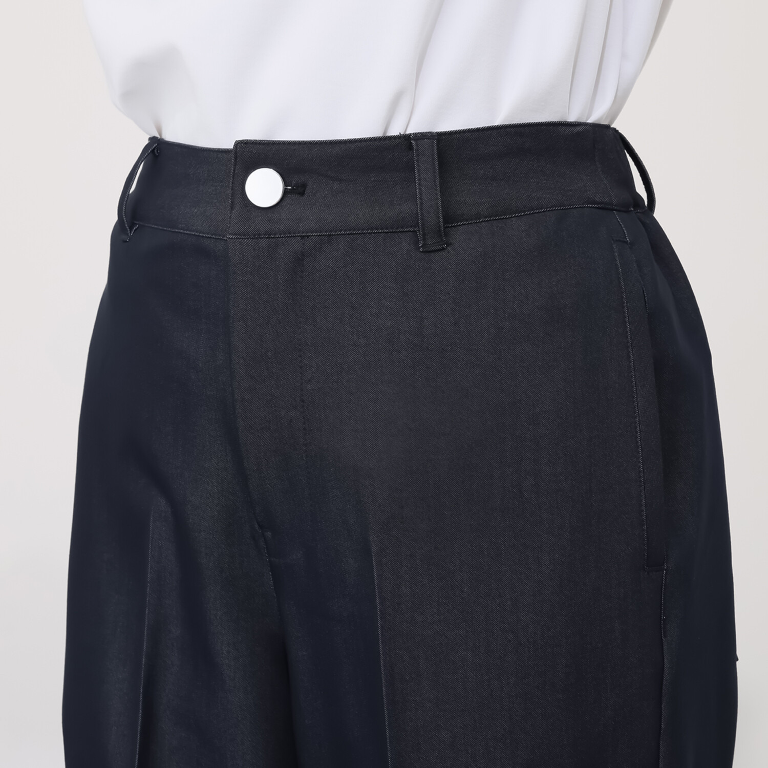 イシカワラボ★ヒトミ デニム調ストレッチツイル 上品見え セミワイドパンツ