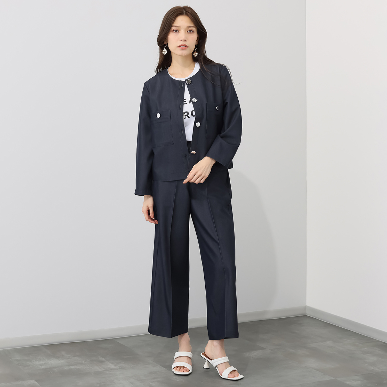 イシカワラボ★ヒトミ デニム調ストレッチツイル 上品見え セミワイドパンツ