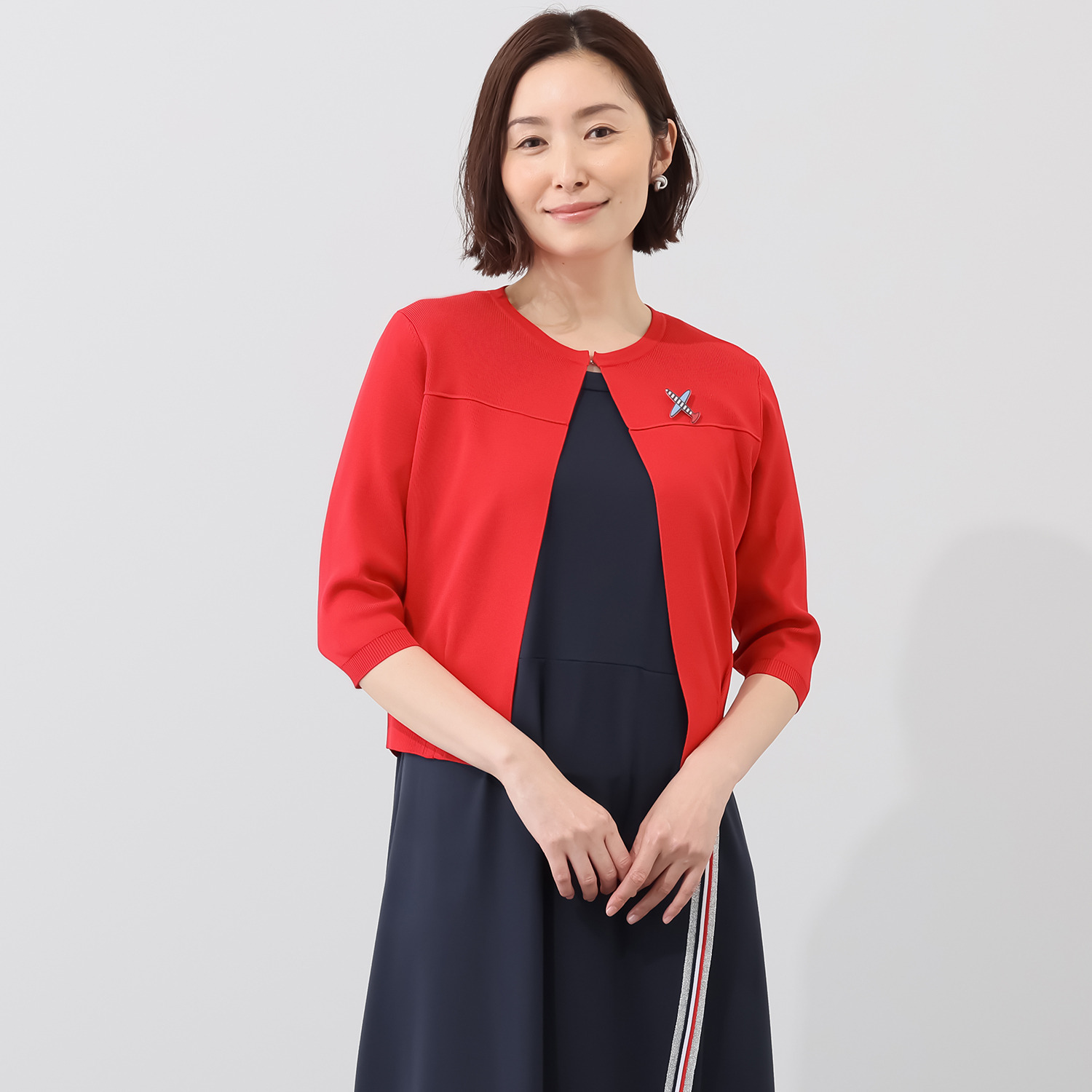 ブルーコレクション 飛行機バッジ付 七分袖 きれいめデザイン ニットカーディガン