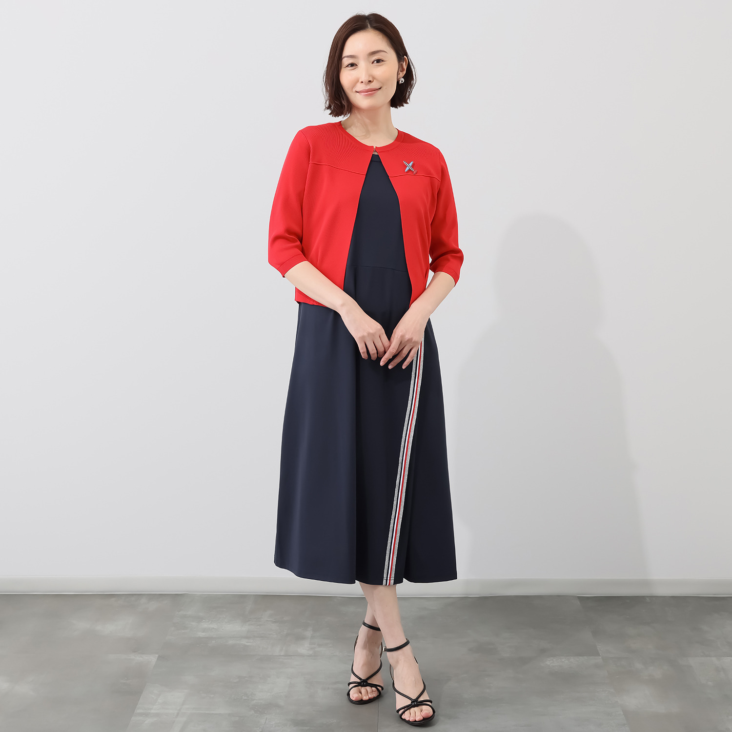 ブルーコレクション 飛行機バッジ付 七分袖 きれいめデザイン ニットカーディガン