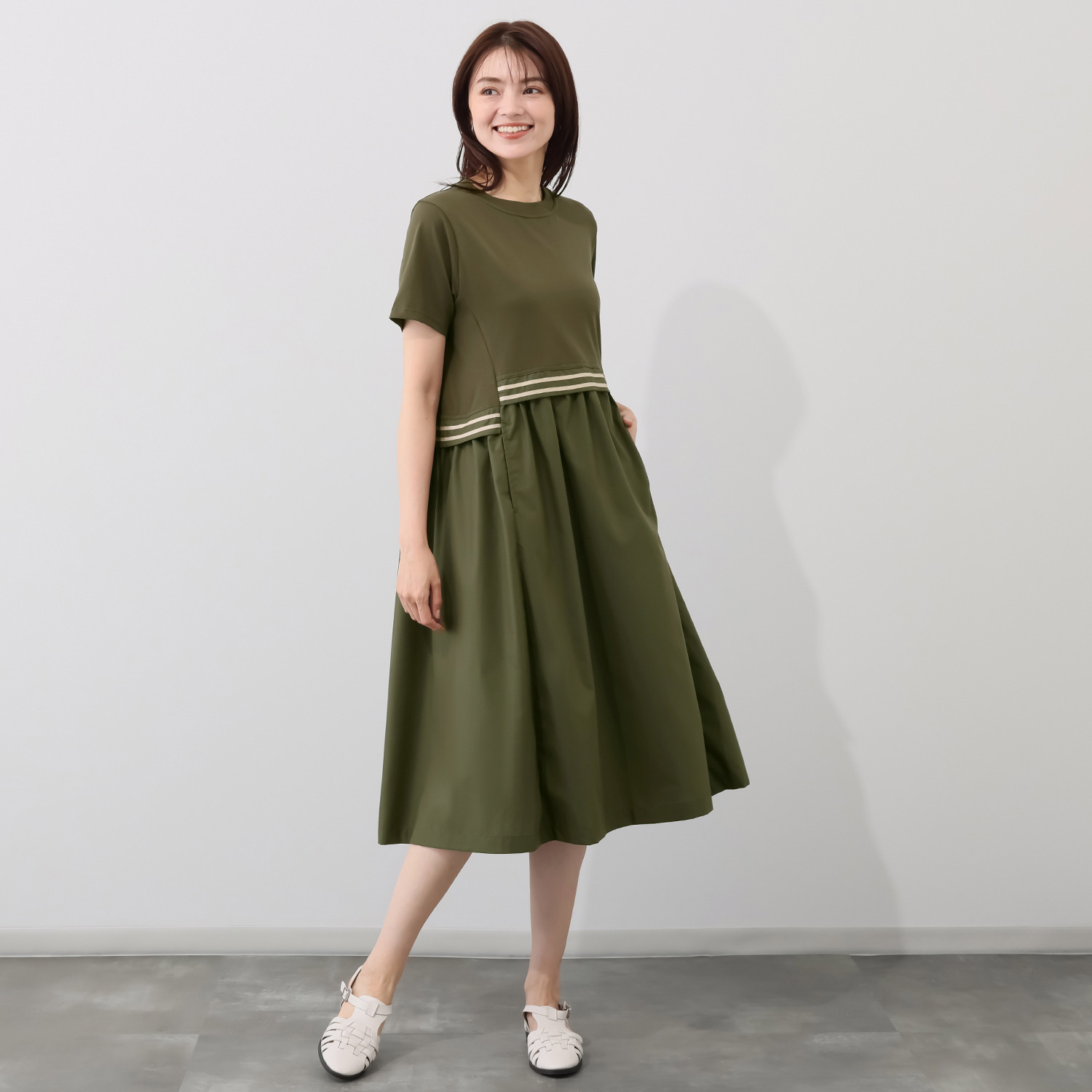 ラヴィーコンフォート 接触冷感 ラインアクセント 異素材ＭＩＸ モードでガーリーな 大人が好きなワンピース