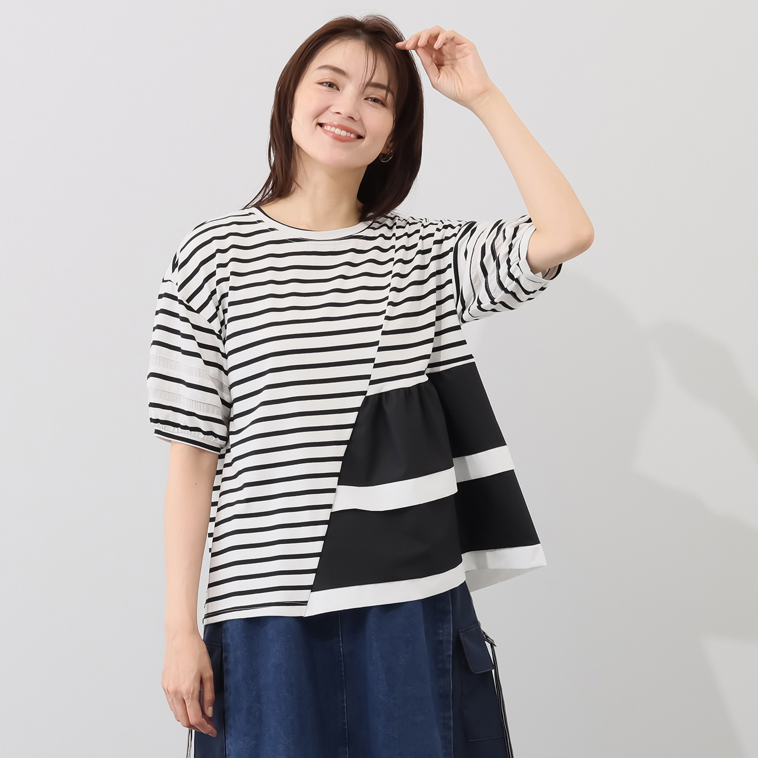 ラヴィーコンフォート 接触冷感 サイドフリル＆ レースアクセント 異素材ＭＩＸ 大人プルオーバー