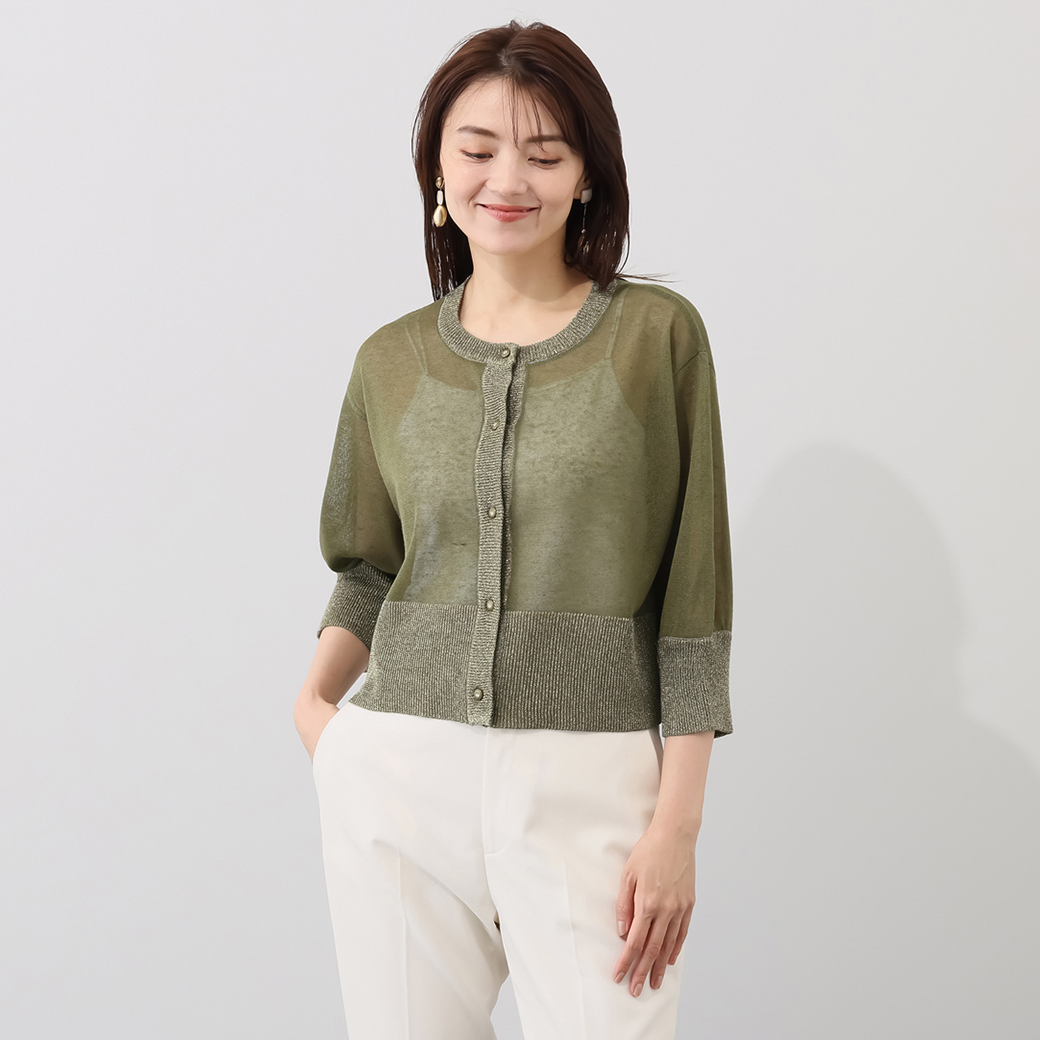 ラヴィーコンフォート ラメアクセント 袖コンシャスな ゴージャスカーディガン