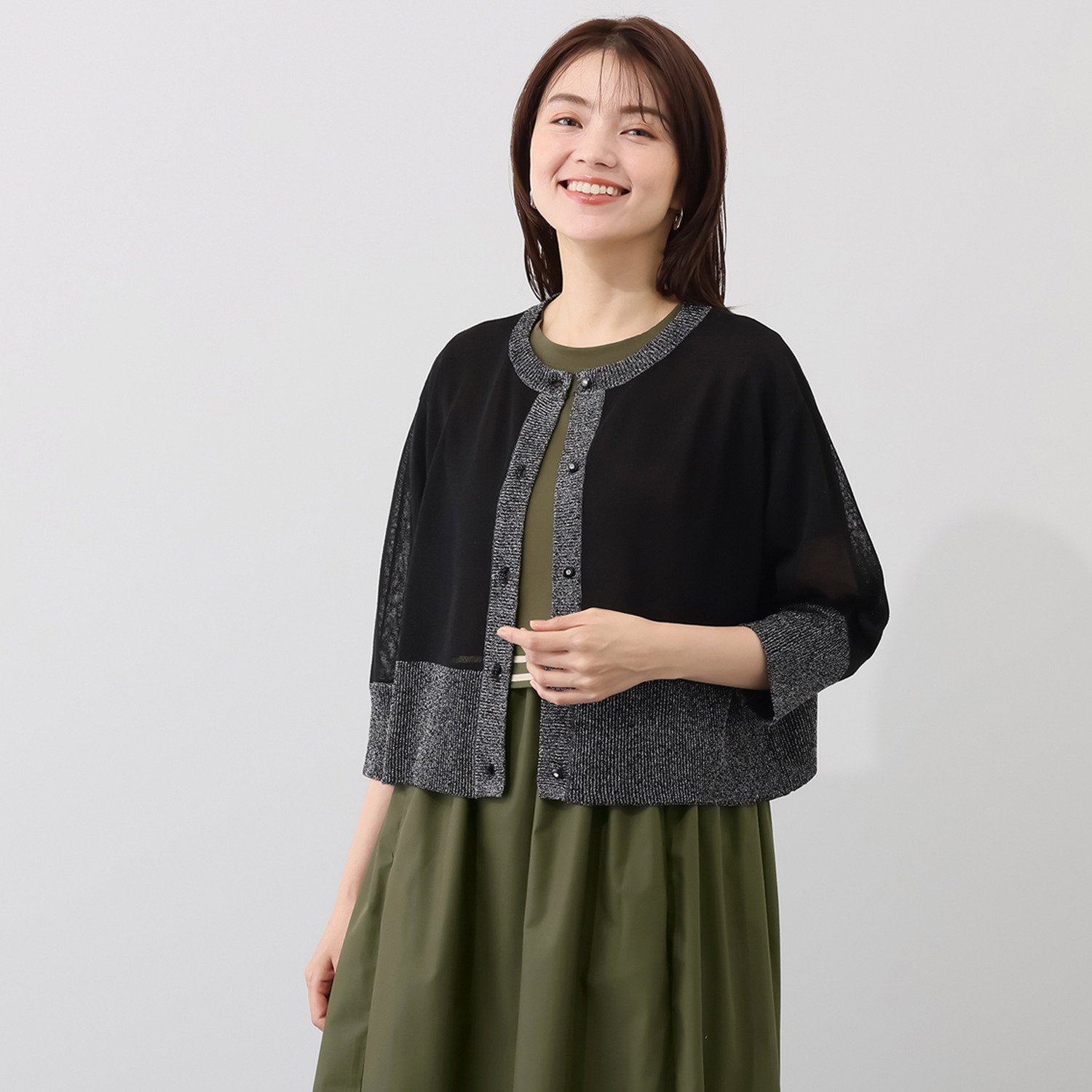 ラヴィーコンフォート ラメアクセント 袖コンシャスな ゴージャスカーディガン