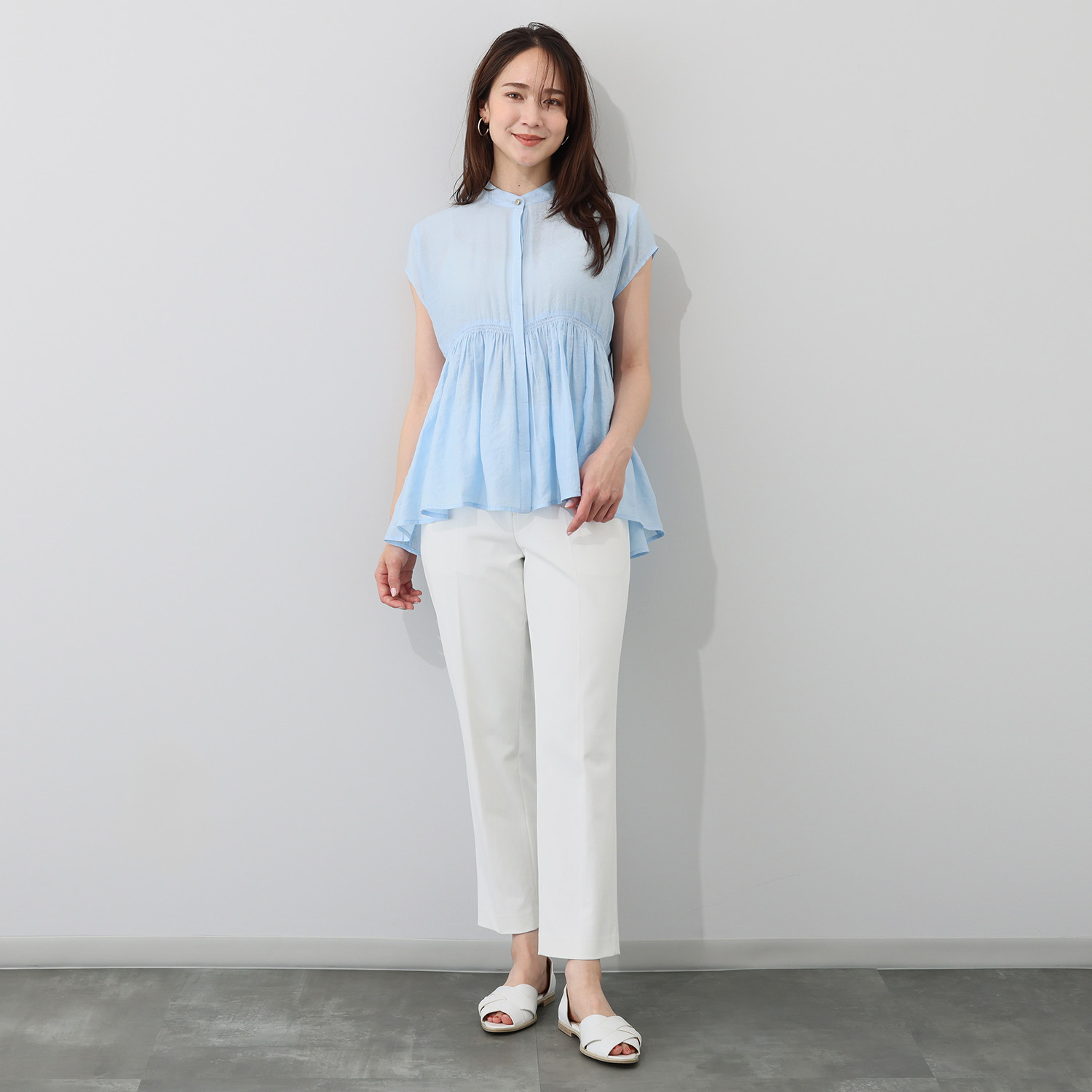 チーロ 接触冷感 涼やかなシアーペプラム ギャザーブラウス