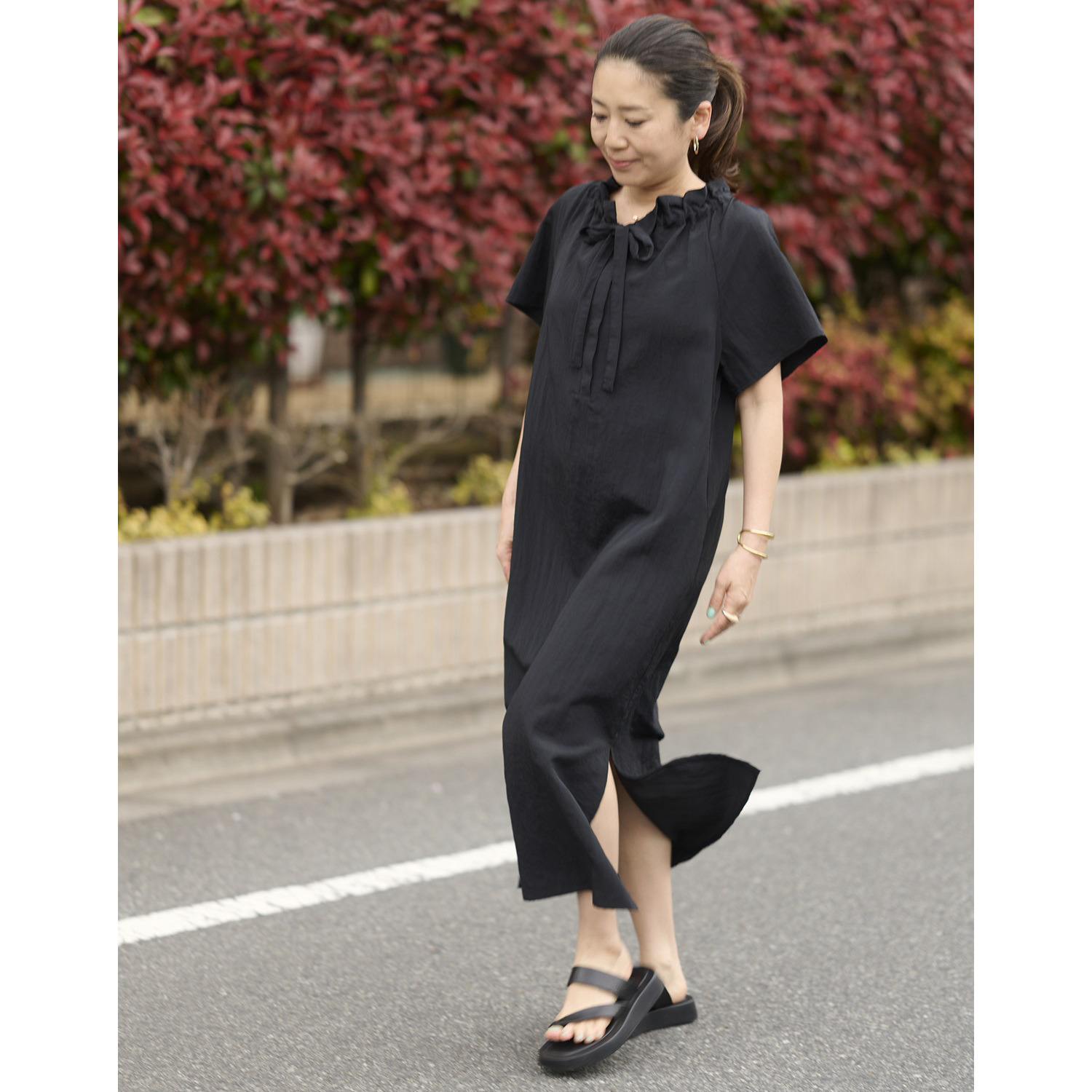 チーロ 接触冷感 スタイルアップ フリルギャザー ワンピース