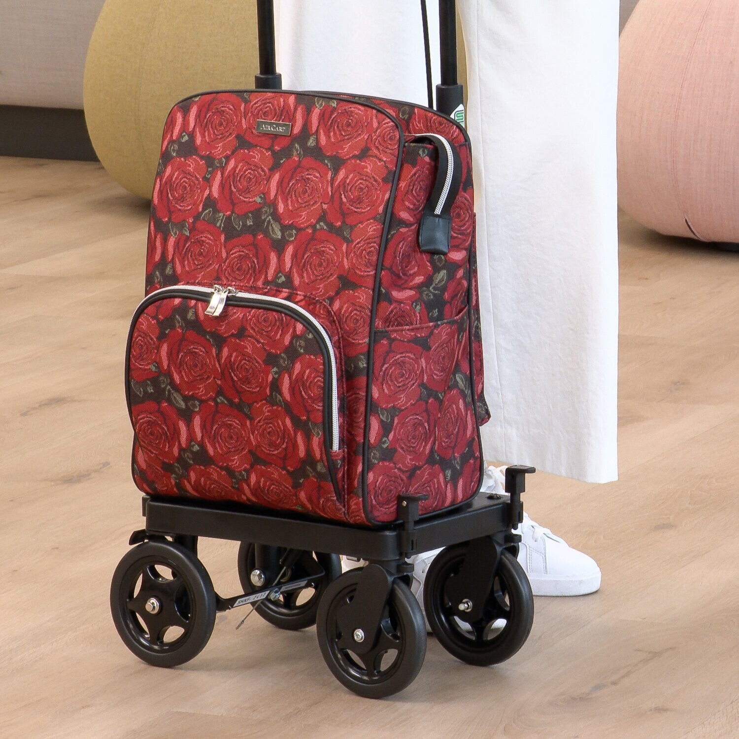 キャスター機能と ブレーキ機能で ピタリと寄り添う ４輪ショッピングカート エアカート ＜ゴブランローズ柄＞