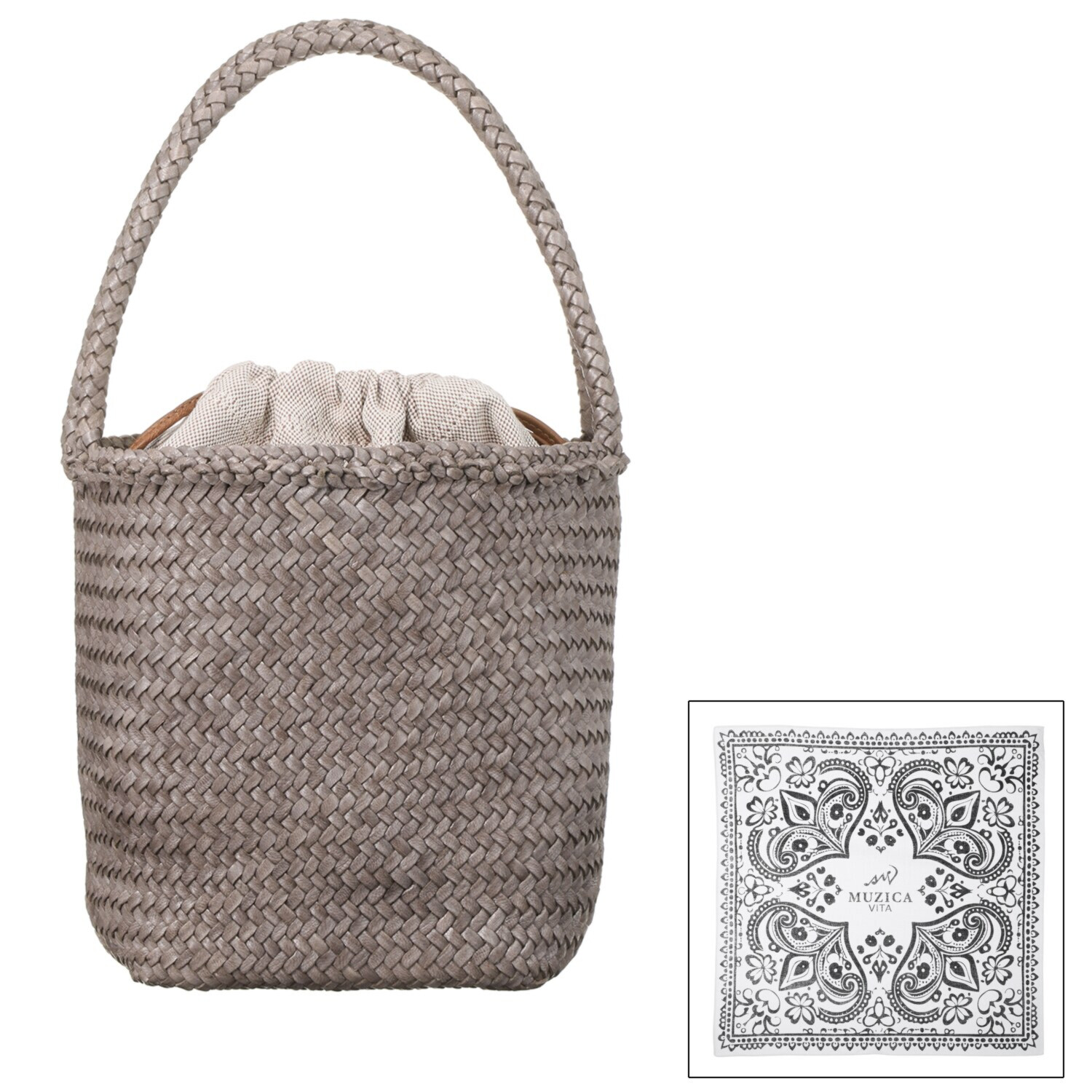 ムジカヴィータ 山羊革 手編みメッシュ バケツ型トートバッグ ＜ハンカチ付＞