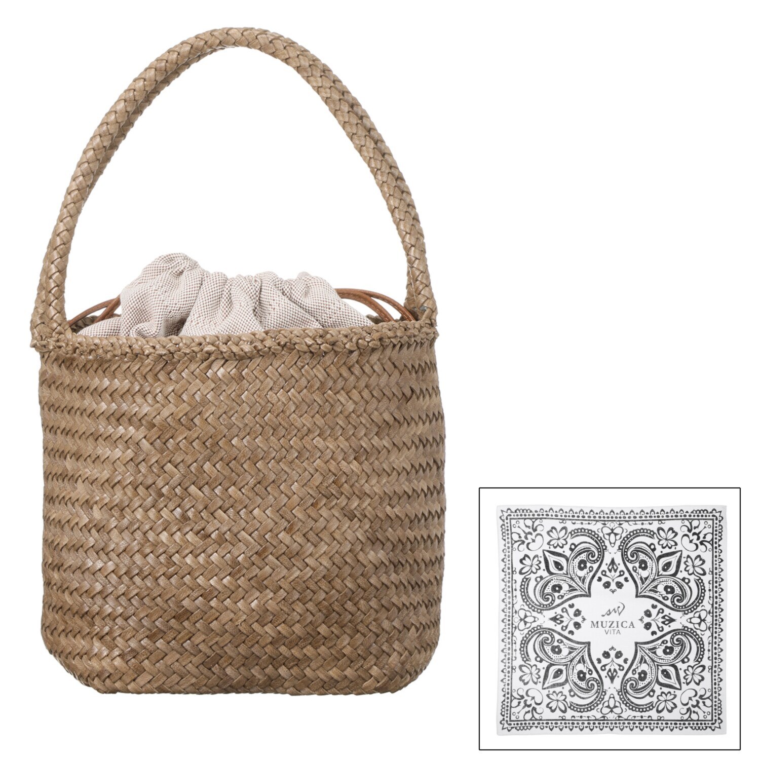 ムジカヴィータ 山羊革 手編みメッシュ バケツ型トートバッグ ＜ハンカチ付＞