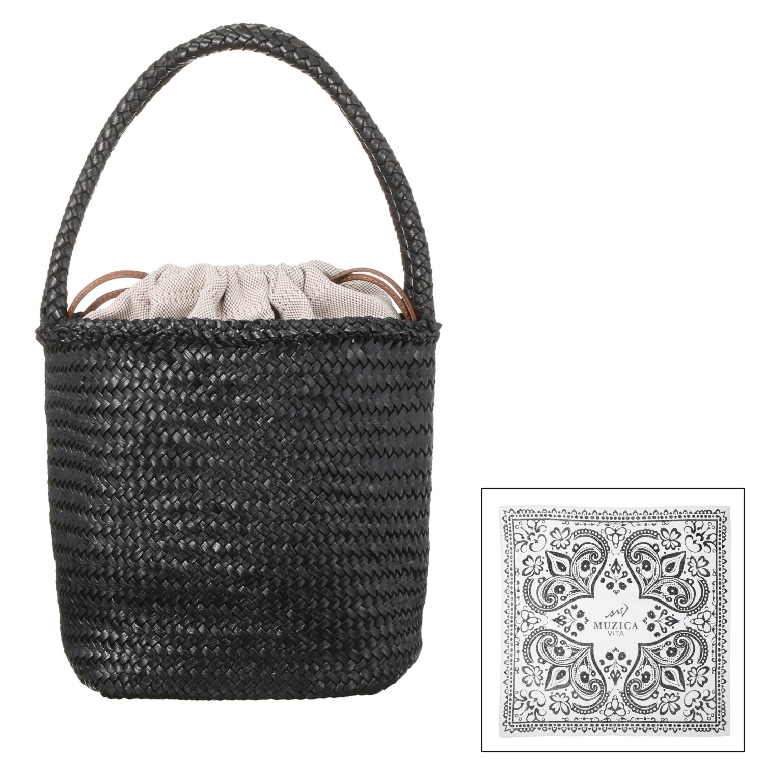 ムジカヴィータ 山羊革 手編みメッシュ バケツ型トートバッグ ＜ハンカチ付＞