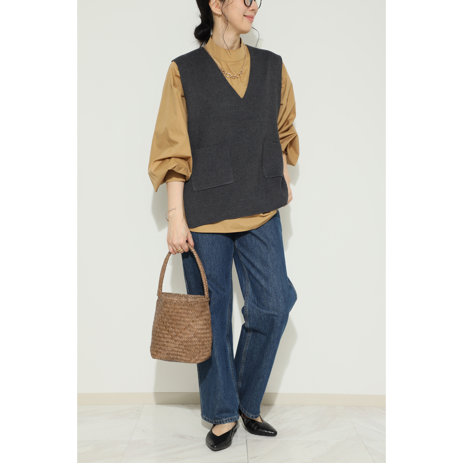 ムジカヴィータ 山羊革 手編みメッシュ バケツ型トートバッグ ＜ハンカチ付＞