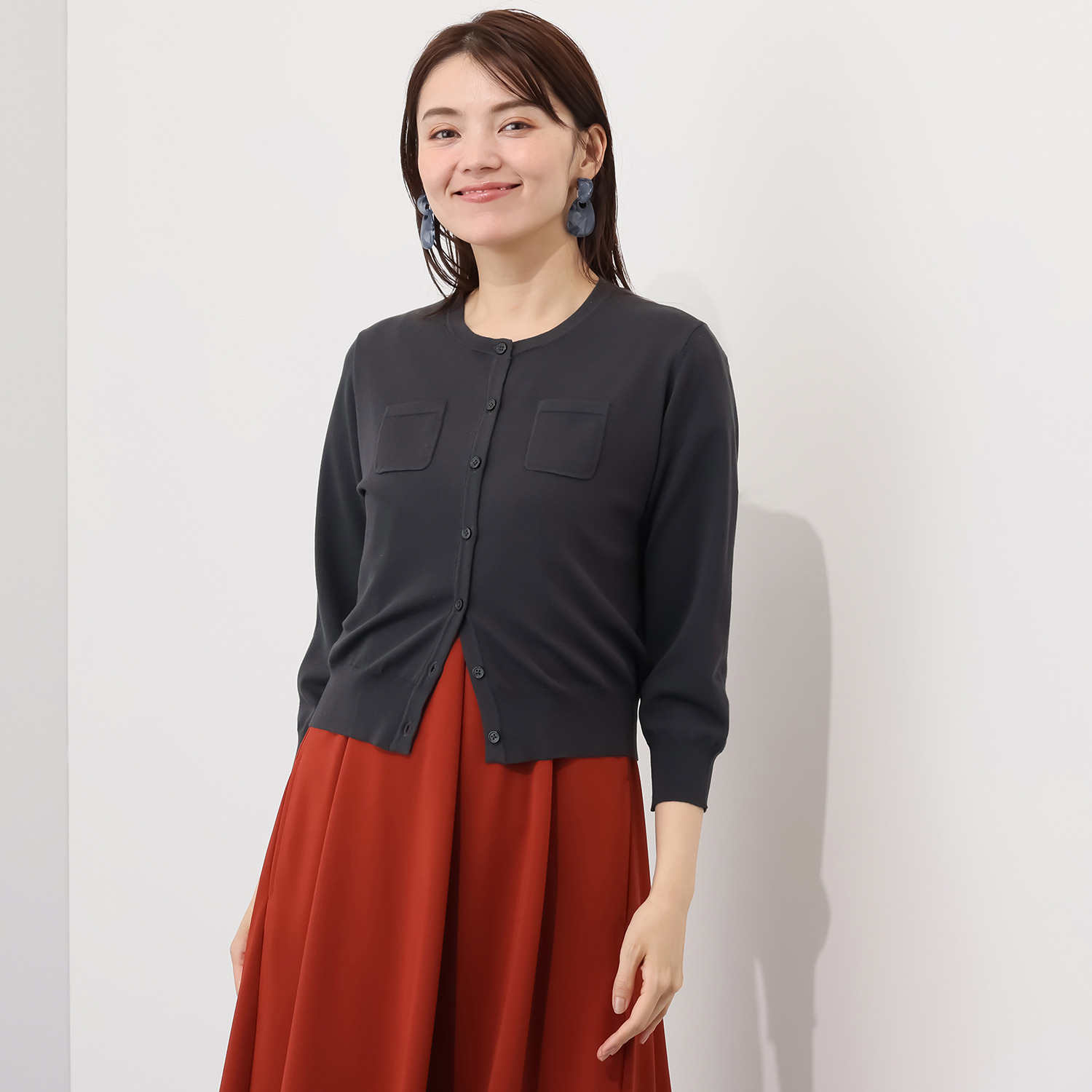 元町ゼラール さらさら天竺 ポケットアクセント カーディガン