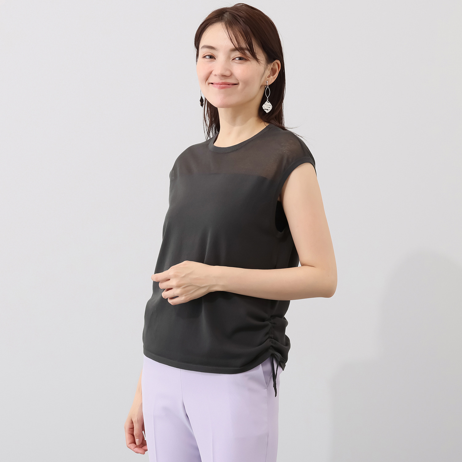 元町ゼラール さらさら天竺 編地切替 ノースリーブプルオーバー