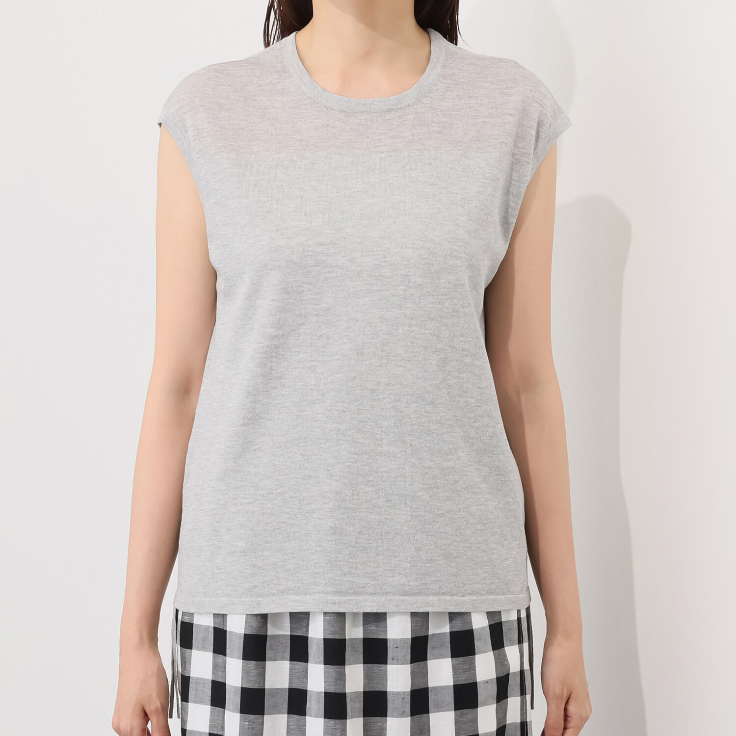 元町ゼラール さらさら天竺 編地切替 ノースリーブプルオーバー