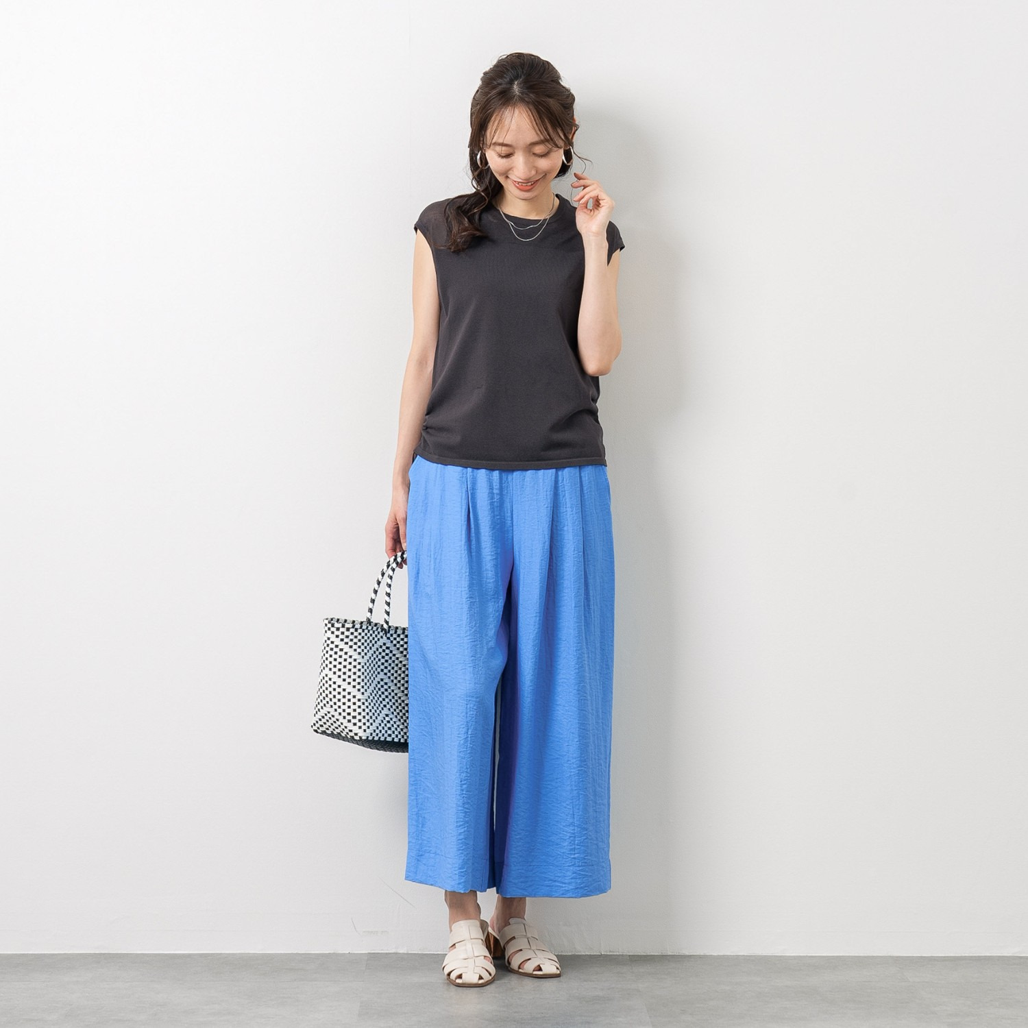 元町ゼラール さらさら天竺 編地切替 ノースリーブプルオーバー