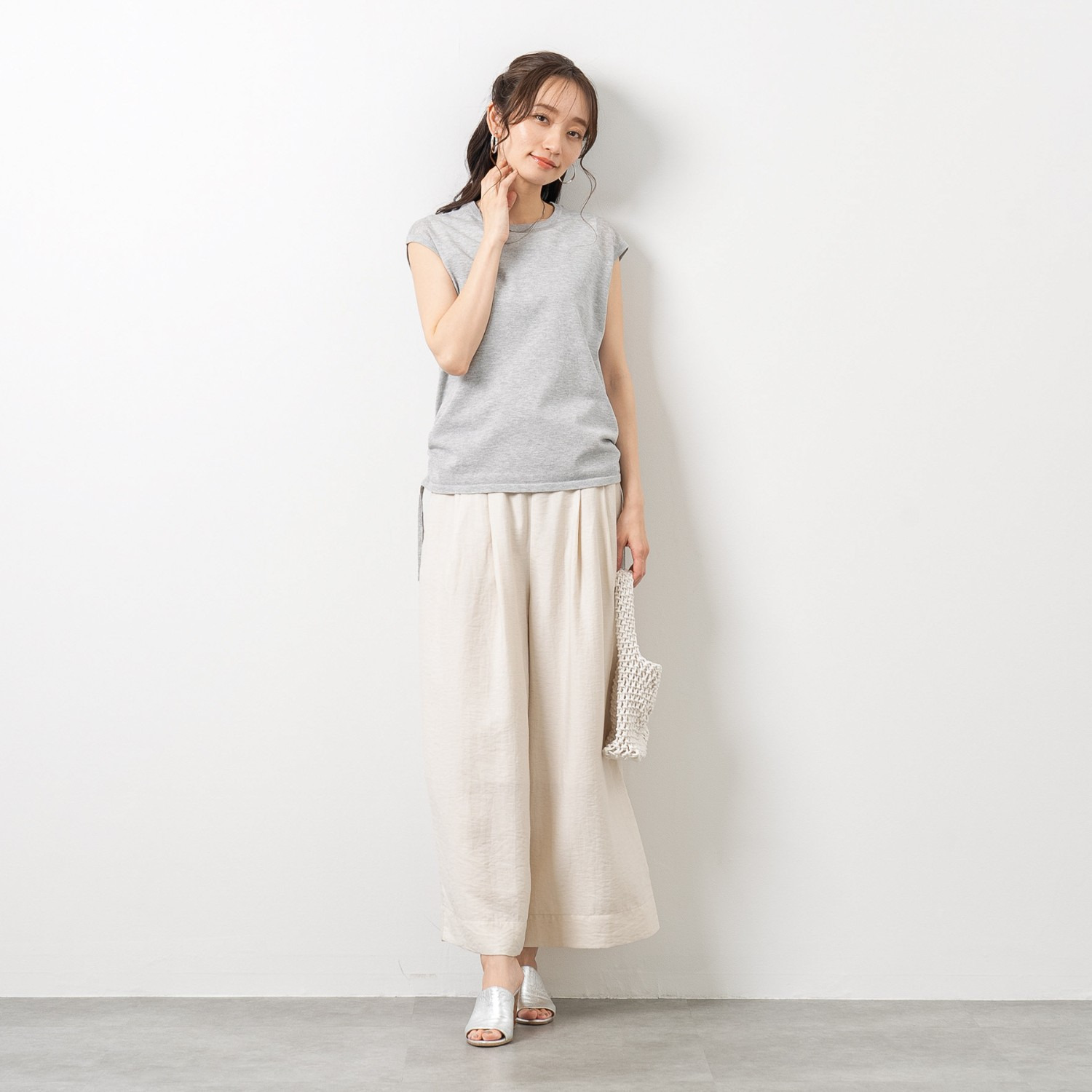 元町ゼラール さらさら天竺 編地切替 ノースリーブプルオーバー