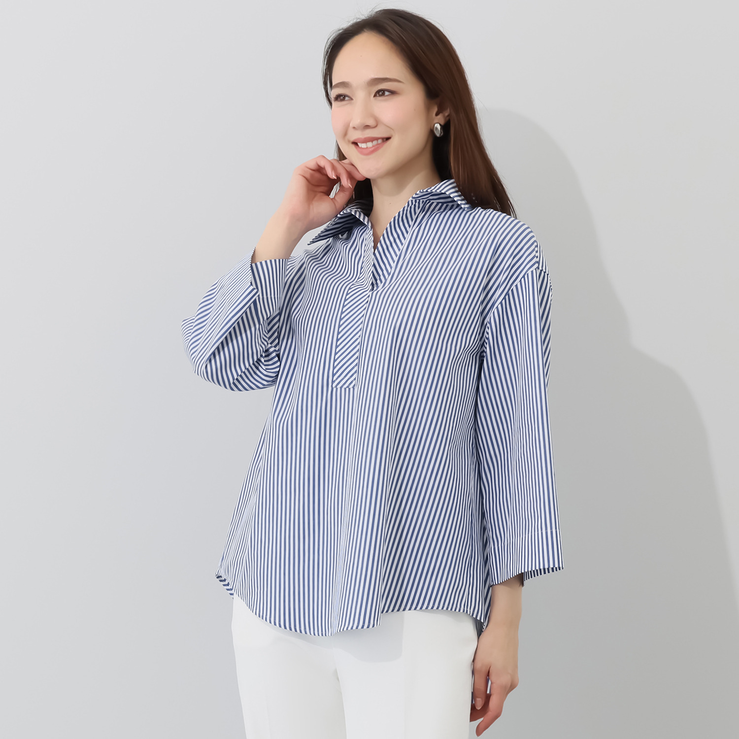 モカサン　ジュンコシマダ コットンストライプ スキッパーカラーシャツ