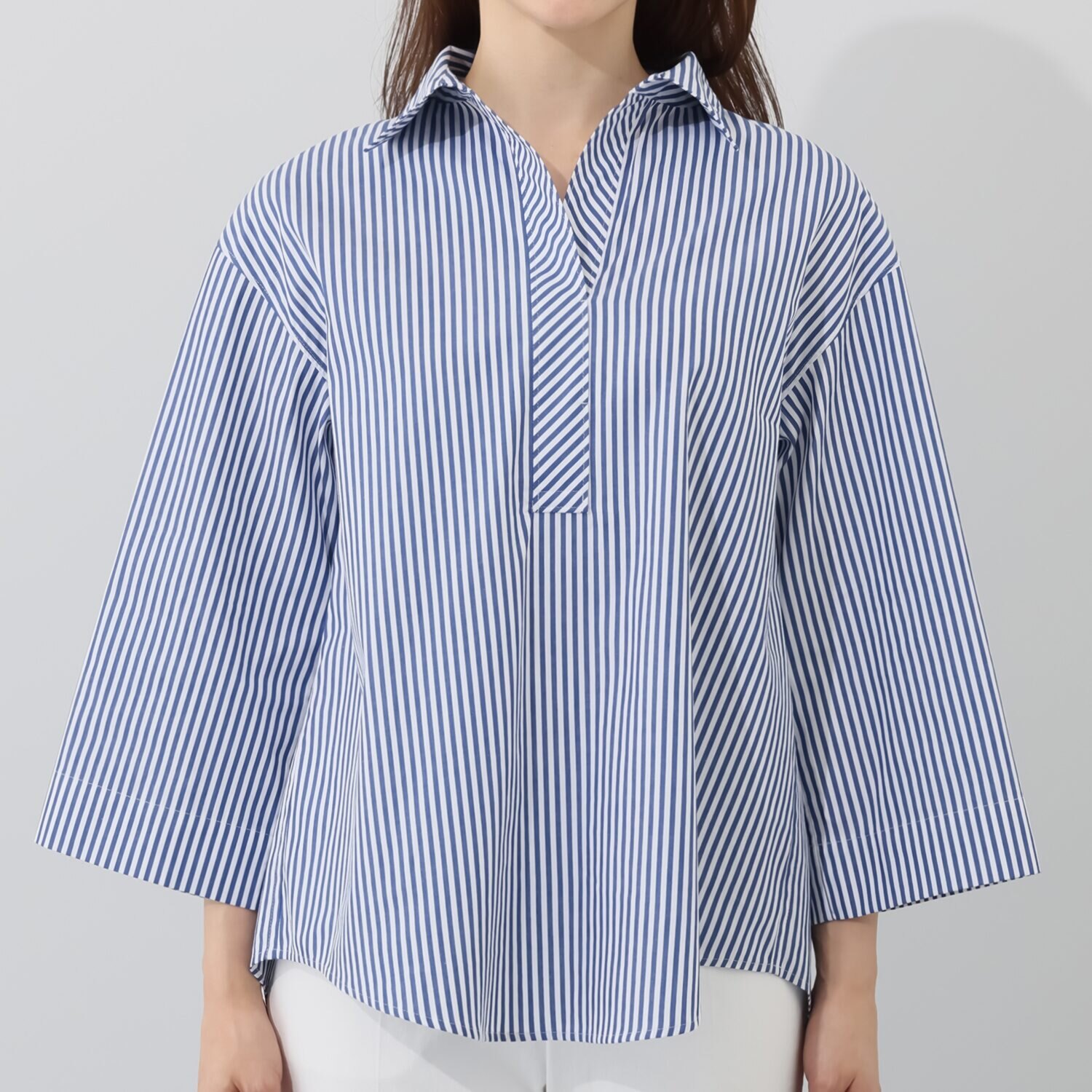 モカサン　ジュンコシマダ コットンストライプ スキッパーカラーシャツ