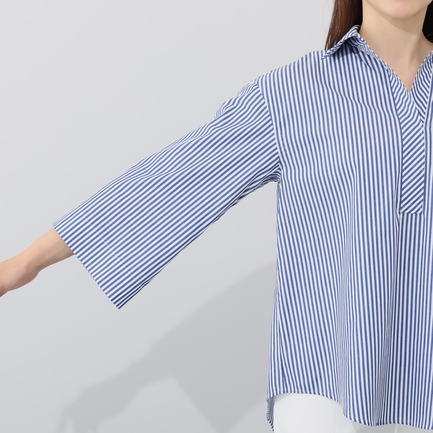 モカサン　ジュンコシマダ コットンストライプ スキッパーカラーシャツ