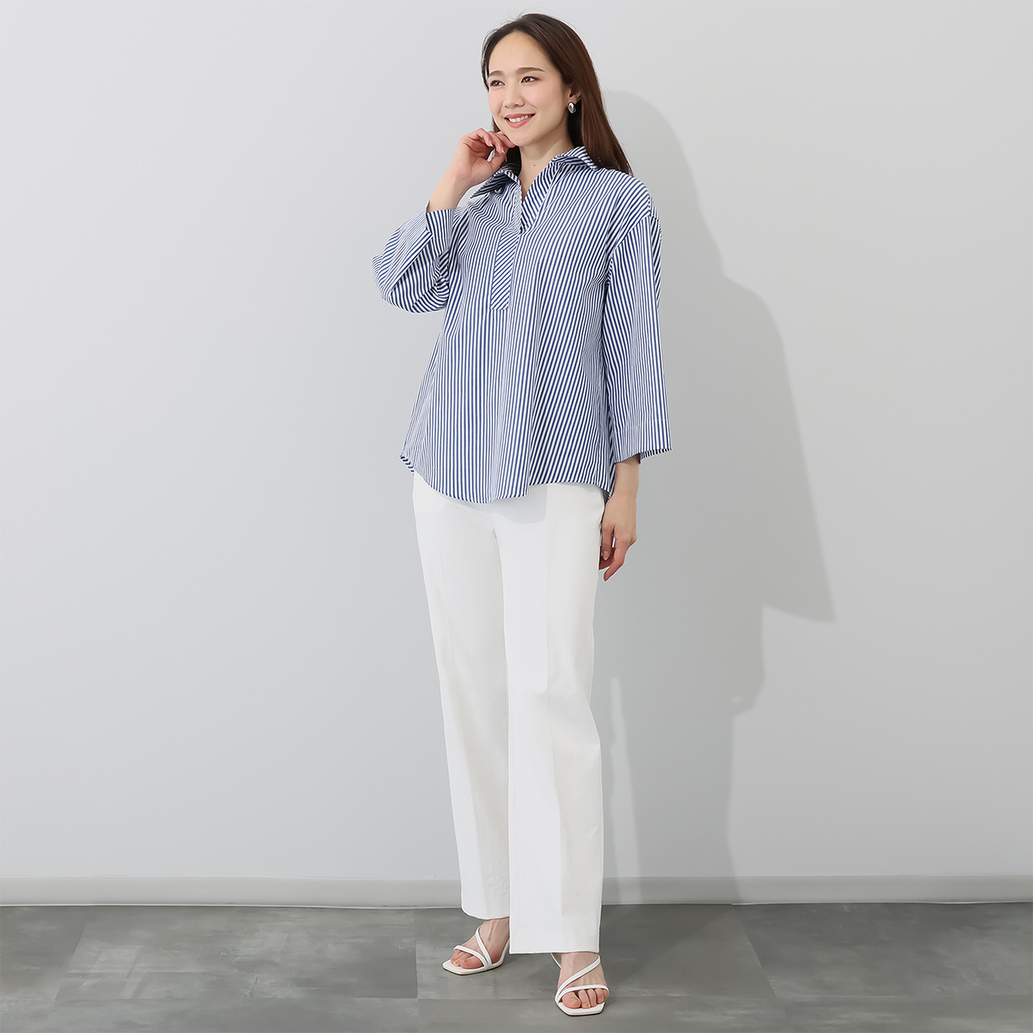 モカサン　ジュンコシマダ コットンストライプ スキッパーカラーシャツ