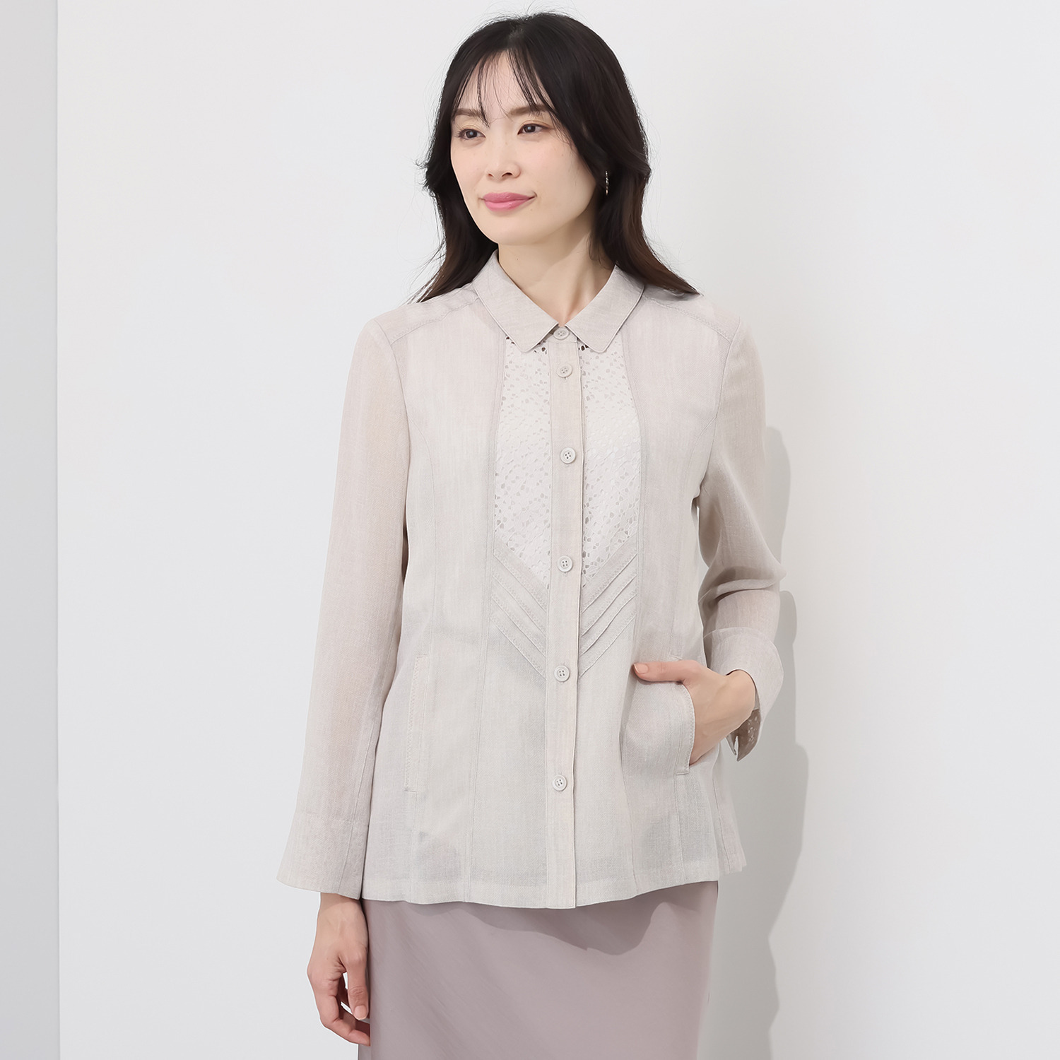 里麻 トリアセテート混 デニム調プリント レース切替ジャケット