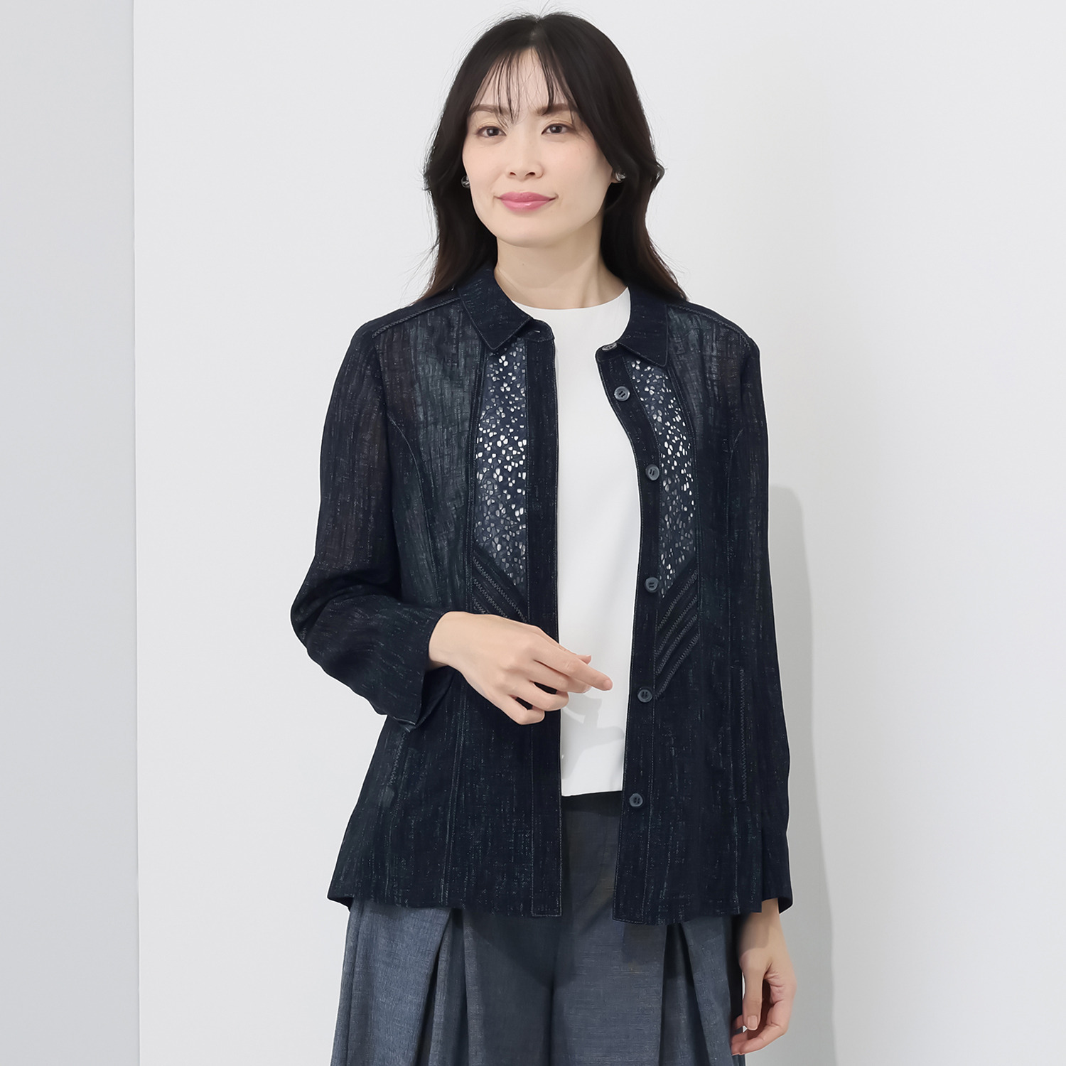 里麻 トリアセテート混 デニム調プリント レース切替ジャケット