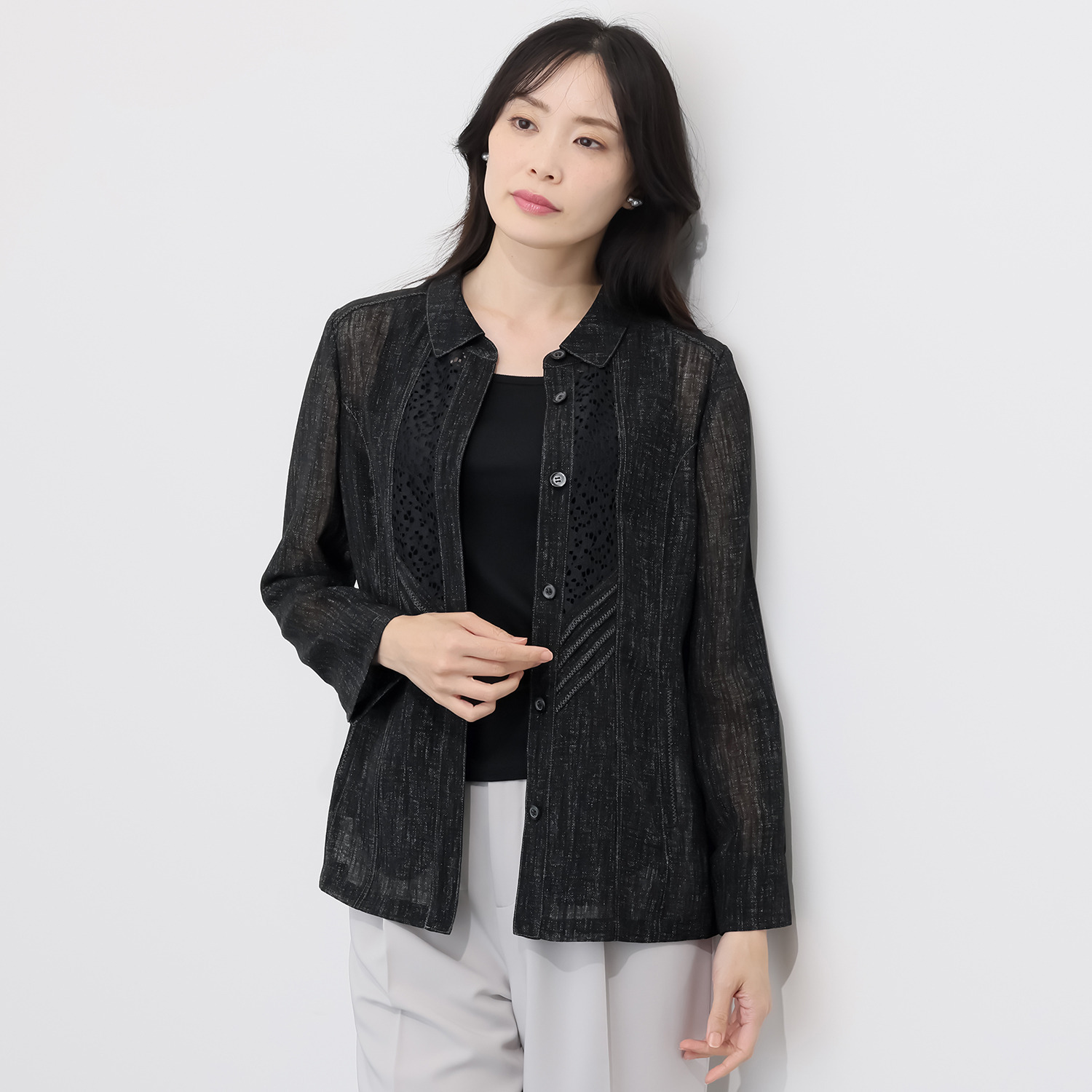 里麻 トリアセテート混 デニム調プリント レース切替ジャケット