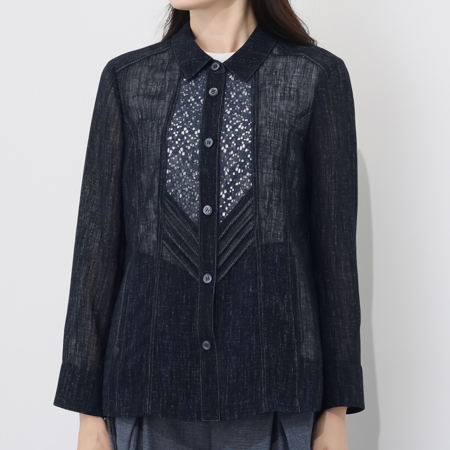 里麻 トリアセテート混 デニム調プリント レース切替ジャケット